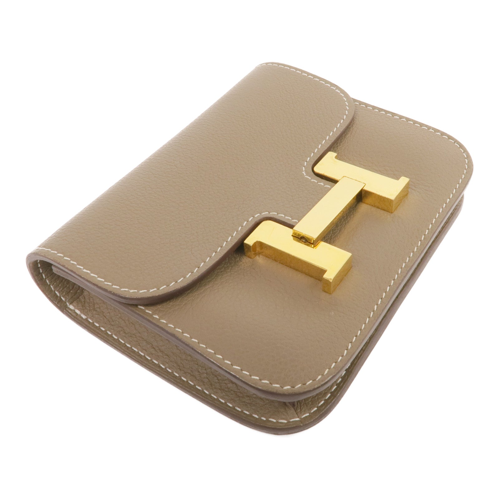 HERMES Evercolor皮革Constance Slim Wallet金扣錢包Etoupe