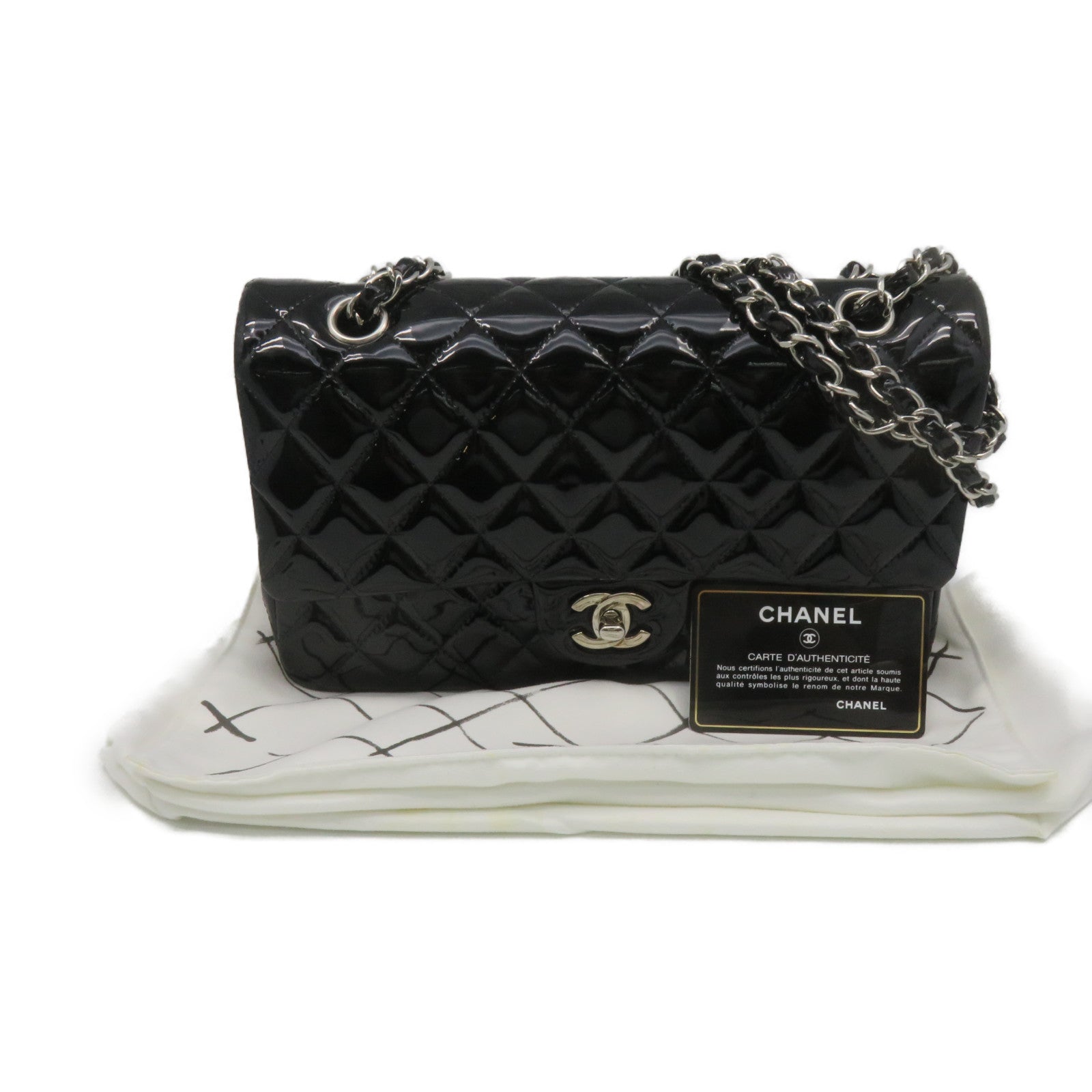 CHANEL 【激減優惠】菱格漆皮皮革Classic Chain Shoulder Bag銀扣鏈帶肩背袋黑色