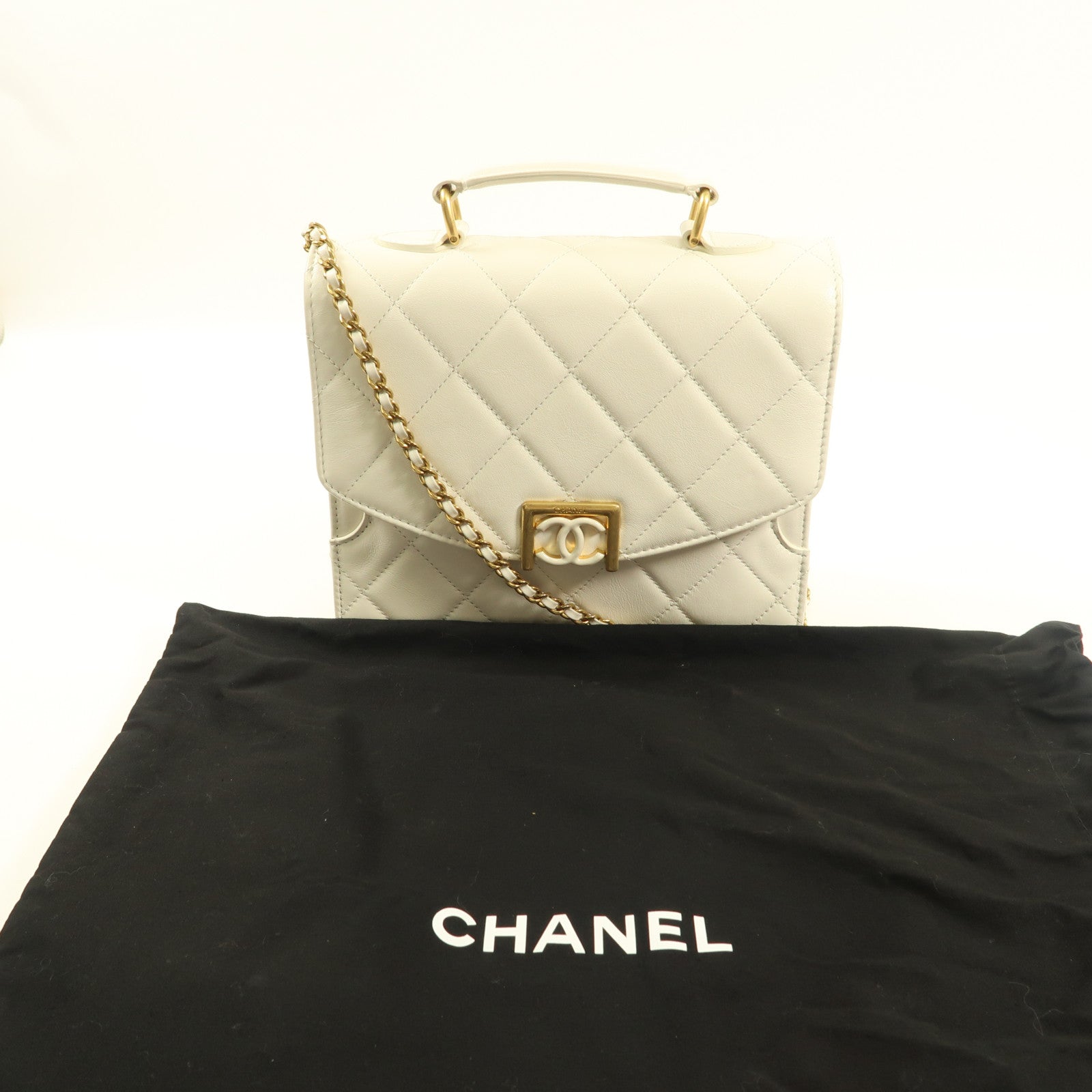CHANEL 牛皮皮革Chain Shoulder金扣鏈帶手挽肩背兩用袋