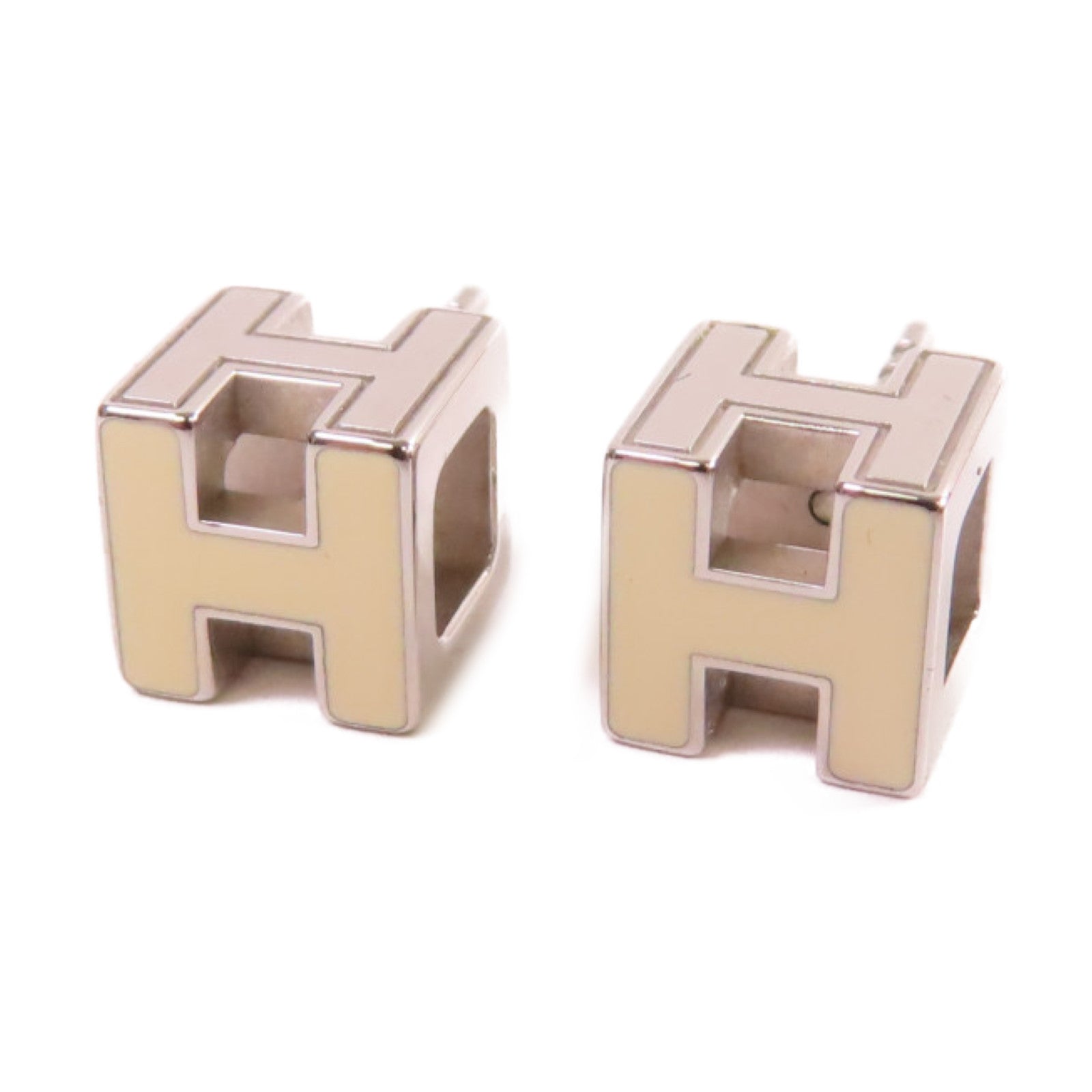 HERMES 金屬/琺瑯Cage d'H Earrings耳環Craie米白色