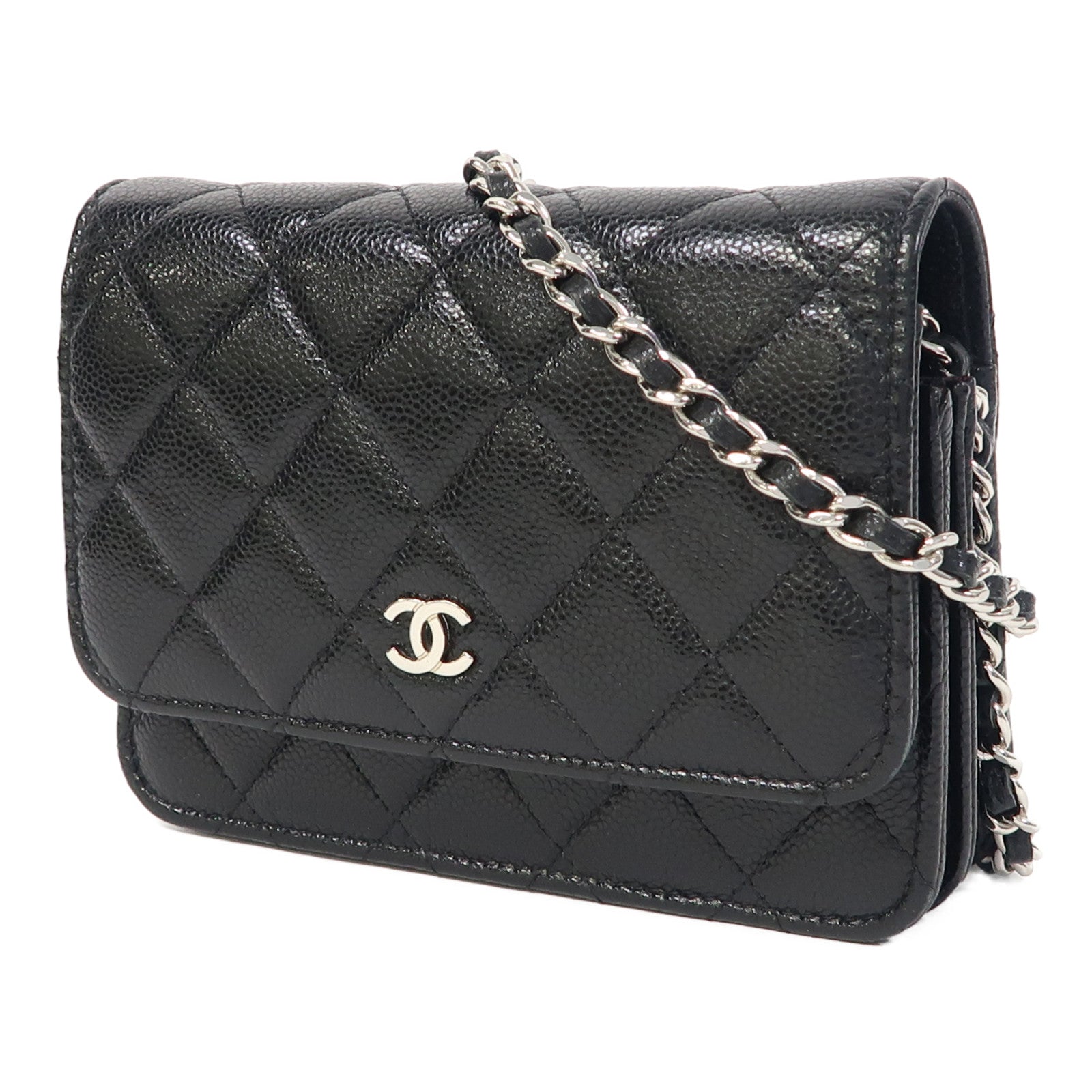 CHANEL 【激減優惠】菱格Caviar皮革Wallet On Chain Mini銀扣鏈帶肩背袋黑色