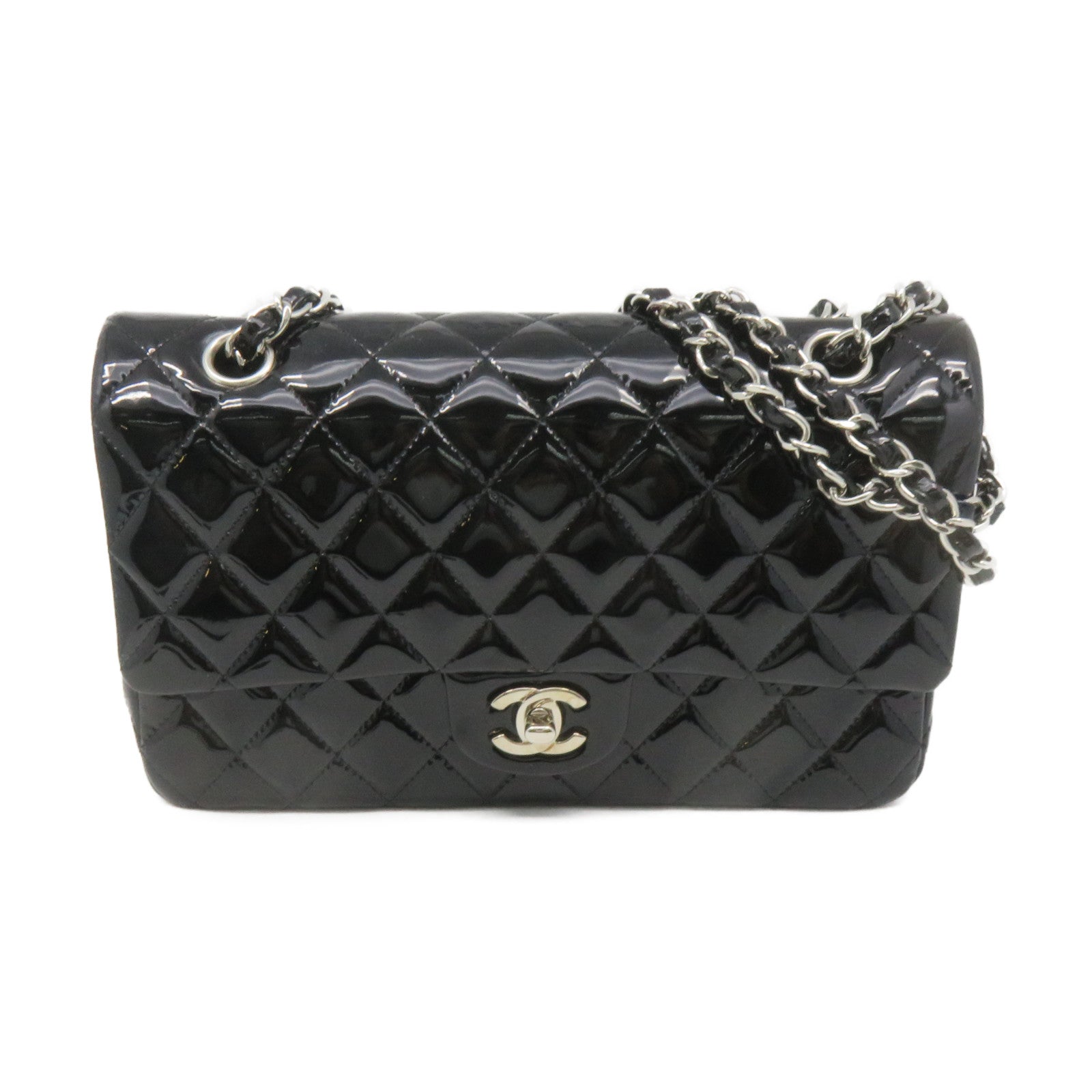 CHANEL 【激減優惠】菱格漆皮皮革Classic Chain Shoulder Bag銀扣鏈帶肩背袋黑色