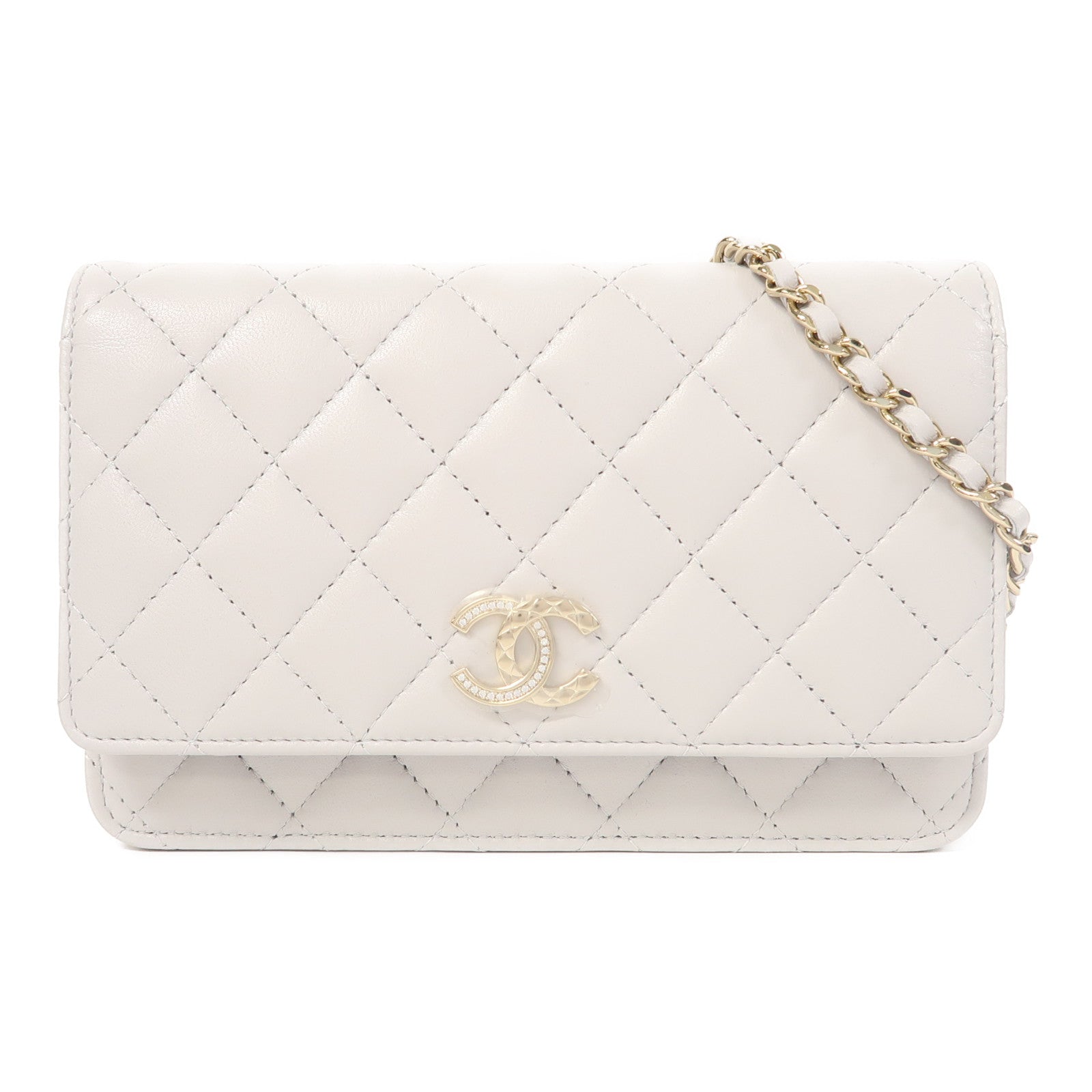 CHANEL 菱格羊皮皮革Wallet On Chain金扣鏈帶肩背袋灰色