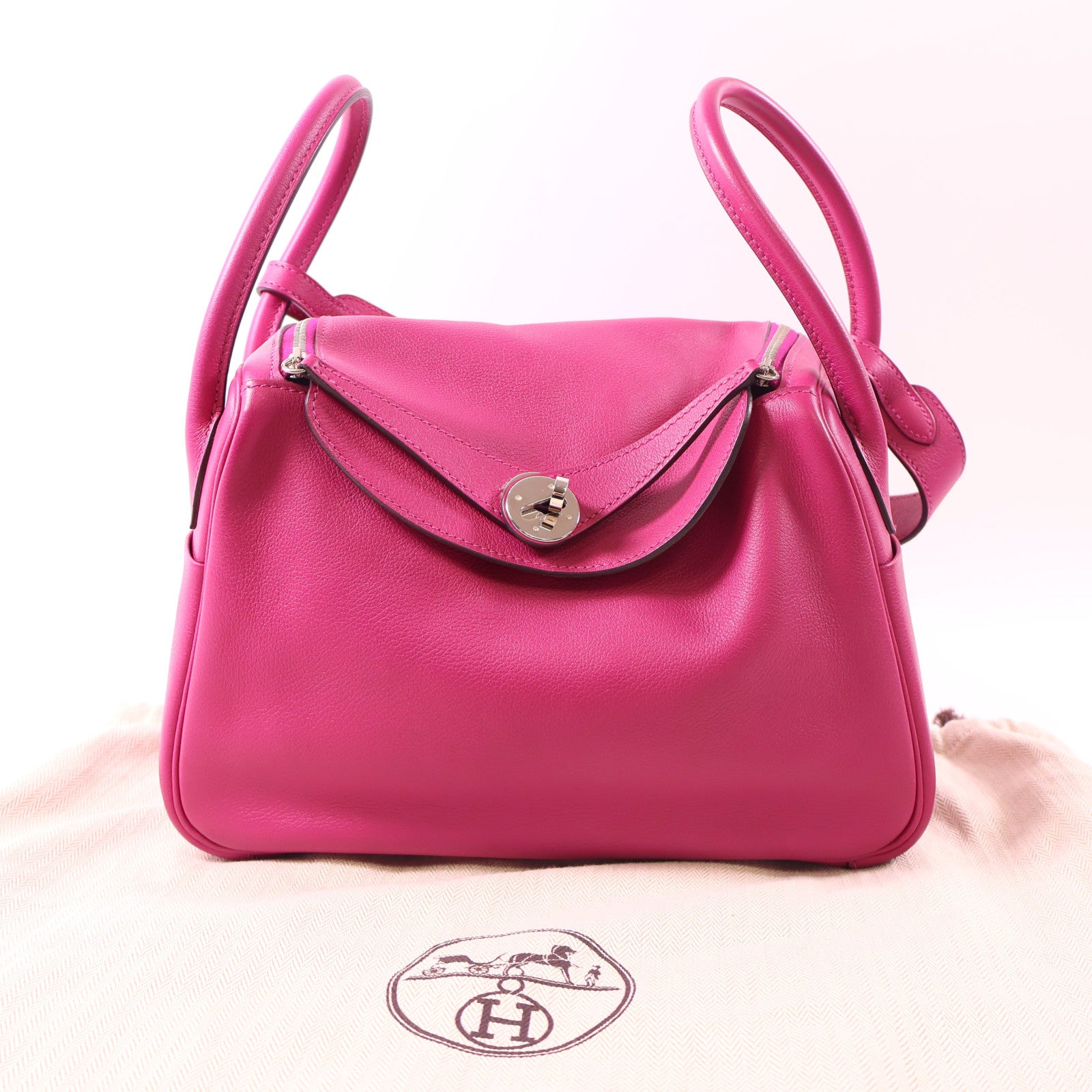 HERMES Evercolor皮革Lindy 26銀扣手挽肩背兩用袋Rose Pourpre桃紅色