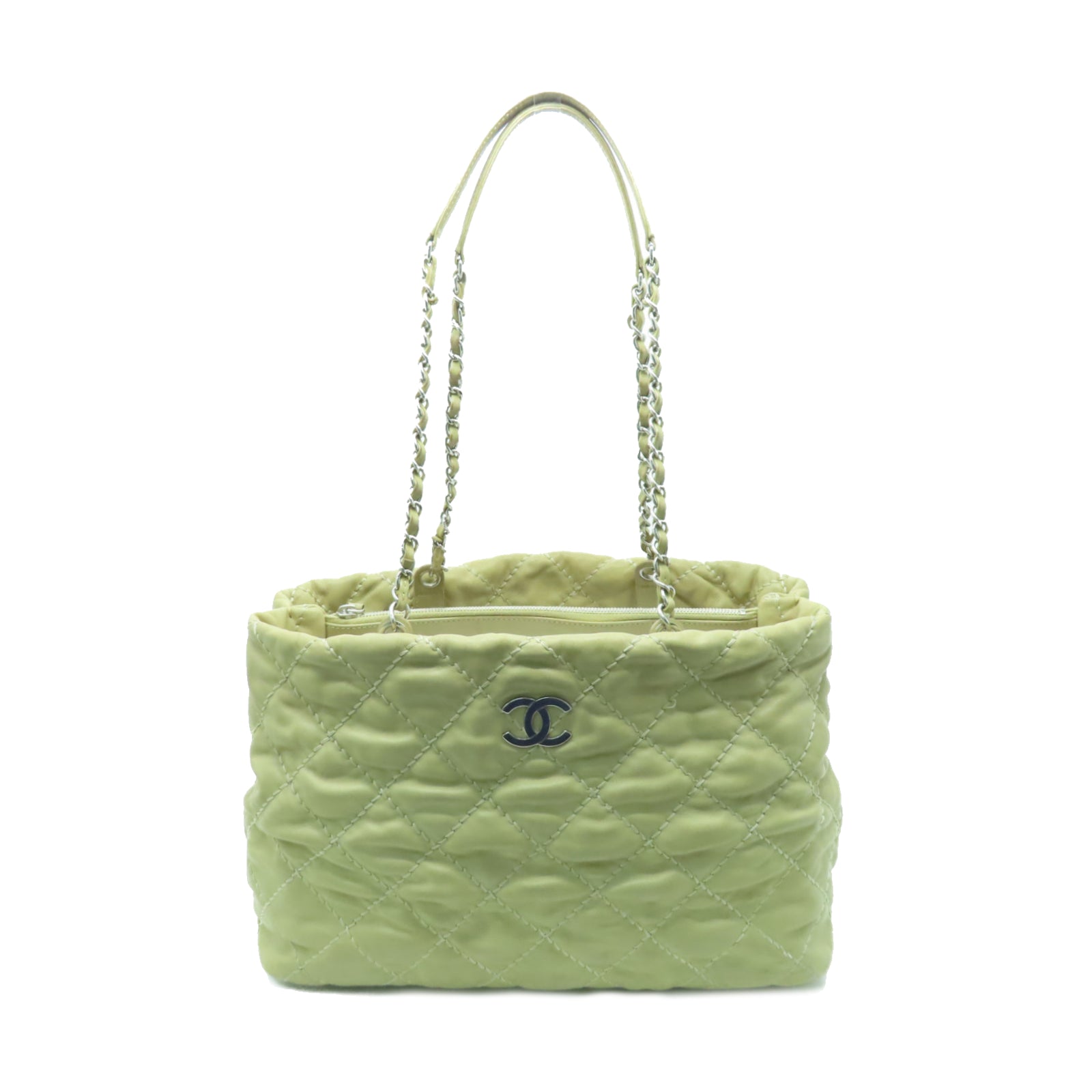 CHANEL 【清倉大減價】菱格牛皮皮革Shoulder Bag銀扣鏈帶肩背袋米色