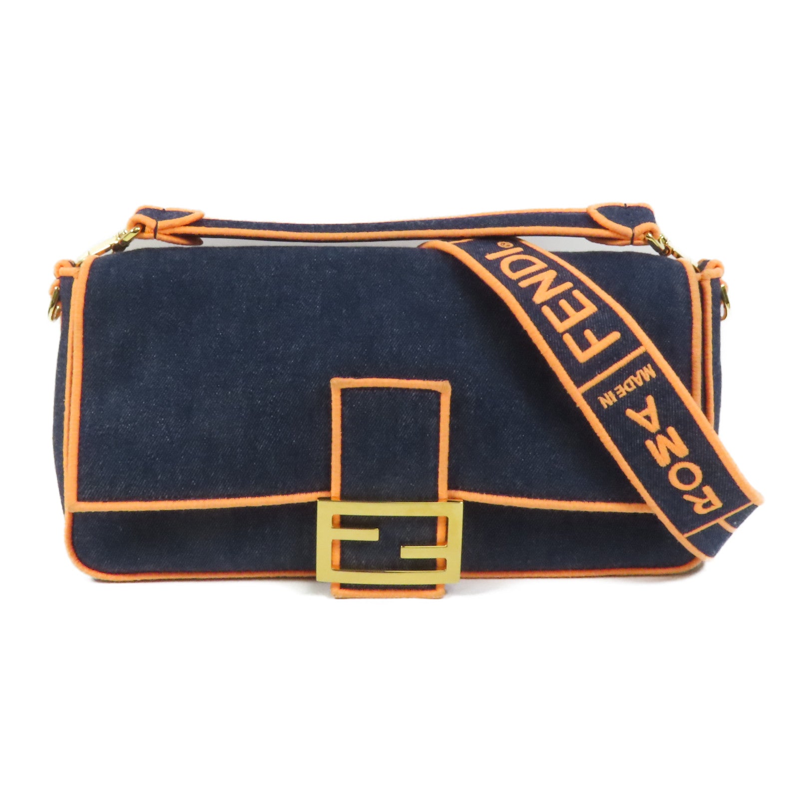 FENDI 牛仔布Baguette Large金扣手挽肩背兩用袋