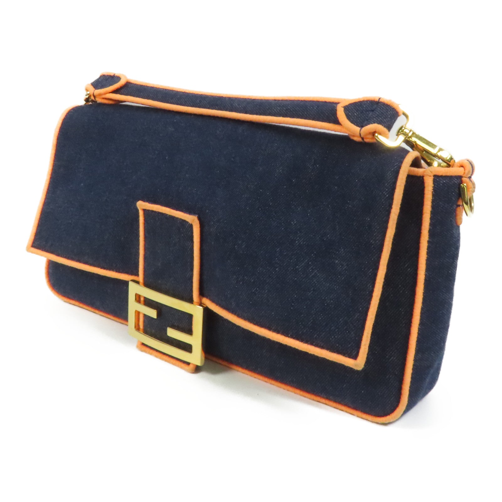 FENDI 牛仔布Baguette Large金扣手挽肩背兩用袋