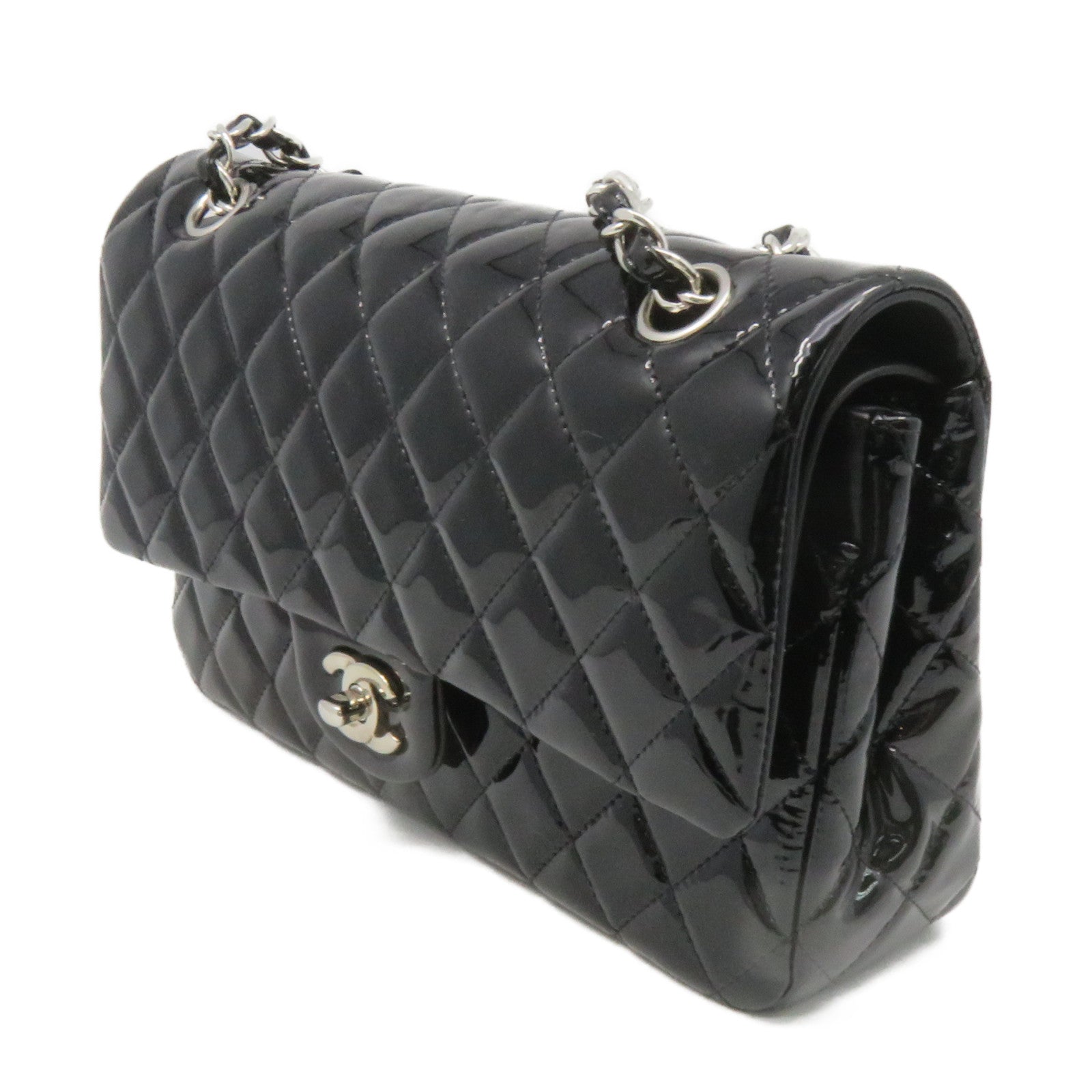 CHANEL 【激減優惠】菱格漆皮皮革Classic Chain Shoulder Bag銀扣鏈帶肩背袋黑色