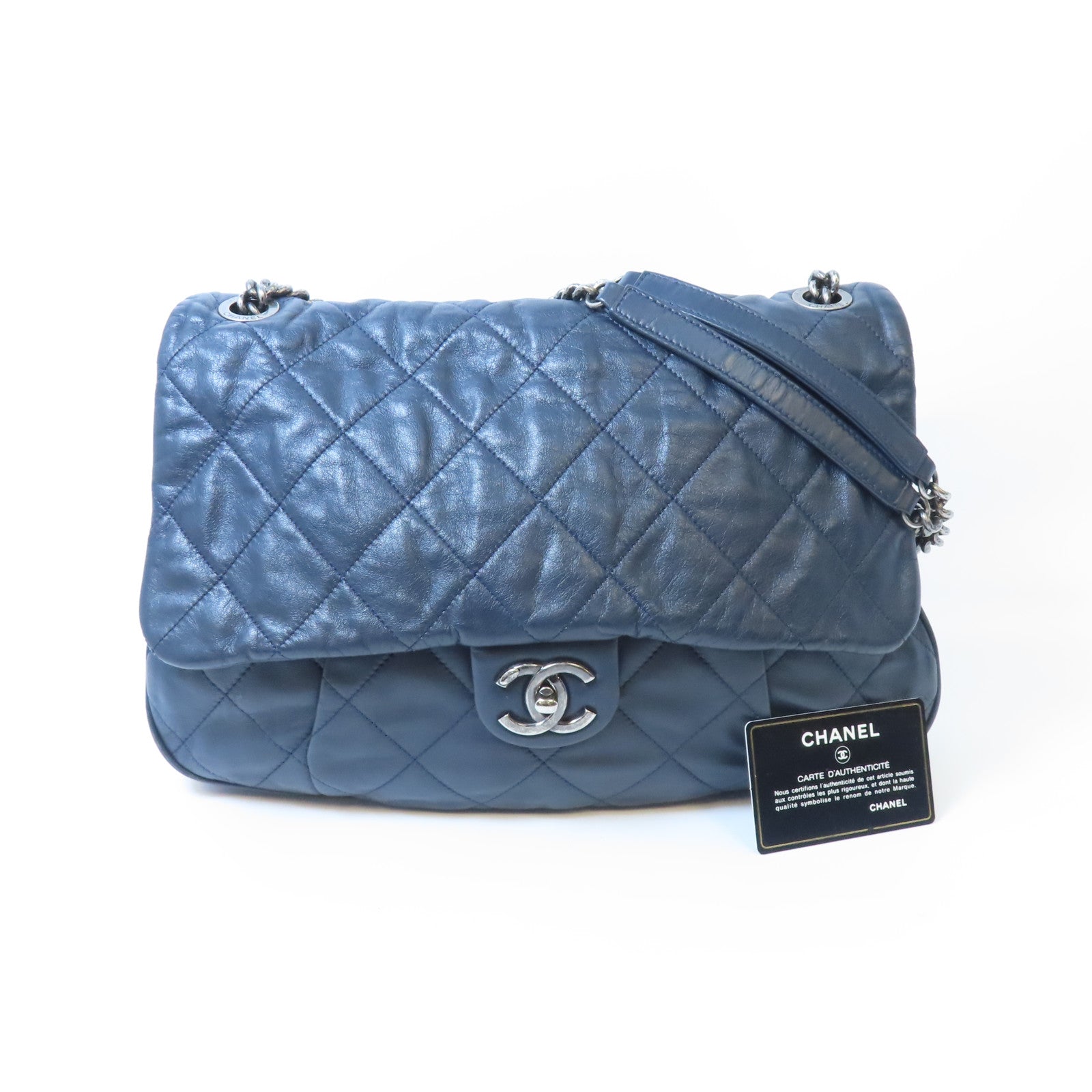 CHANEL 菱格牛皮皮革Chain Shoulder Bag銀扣鏈帶肩背袋深藍色