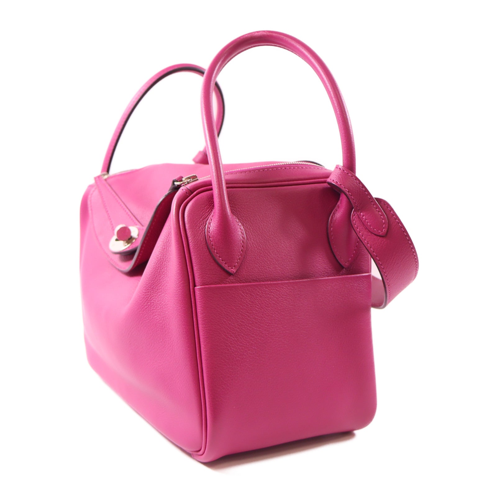 HERMES Evercolor皮革Lindy 26銀扣手挽肩背兩用袋Rose Pourpre桃紅色
