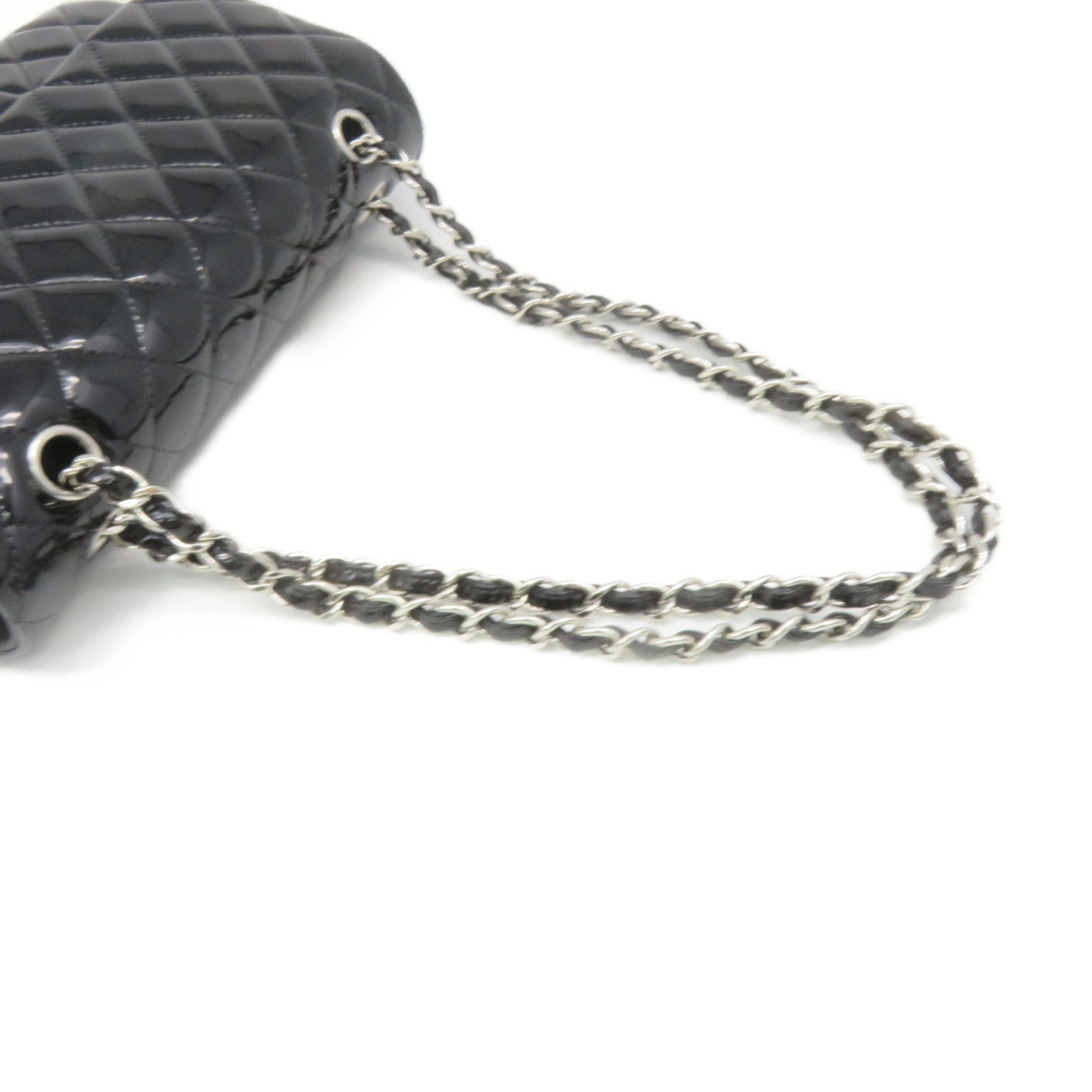 CHANEL 【激減優惠】菱格漆皮皮革Classic Chain Shoulder Bag銀扣鏈帶肩背袋黑色