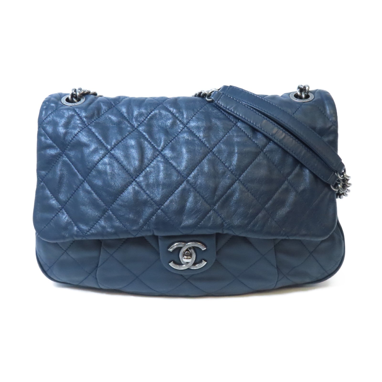 CHANEL 菱格牛皮皮革Chain Shoulder Bag銀扣鏈帶肩背袋深藍色