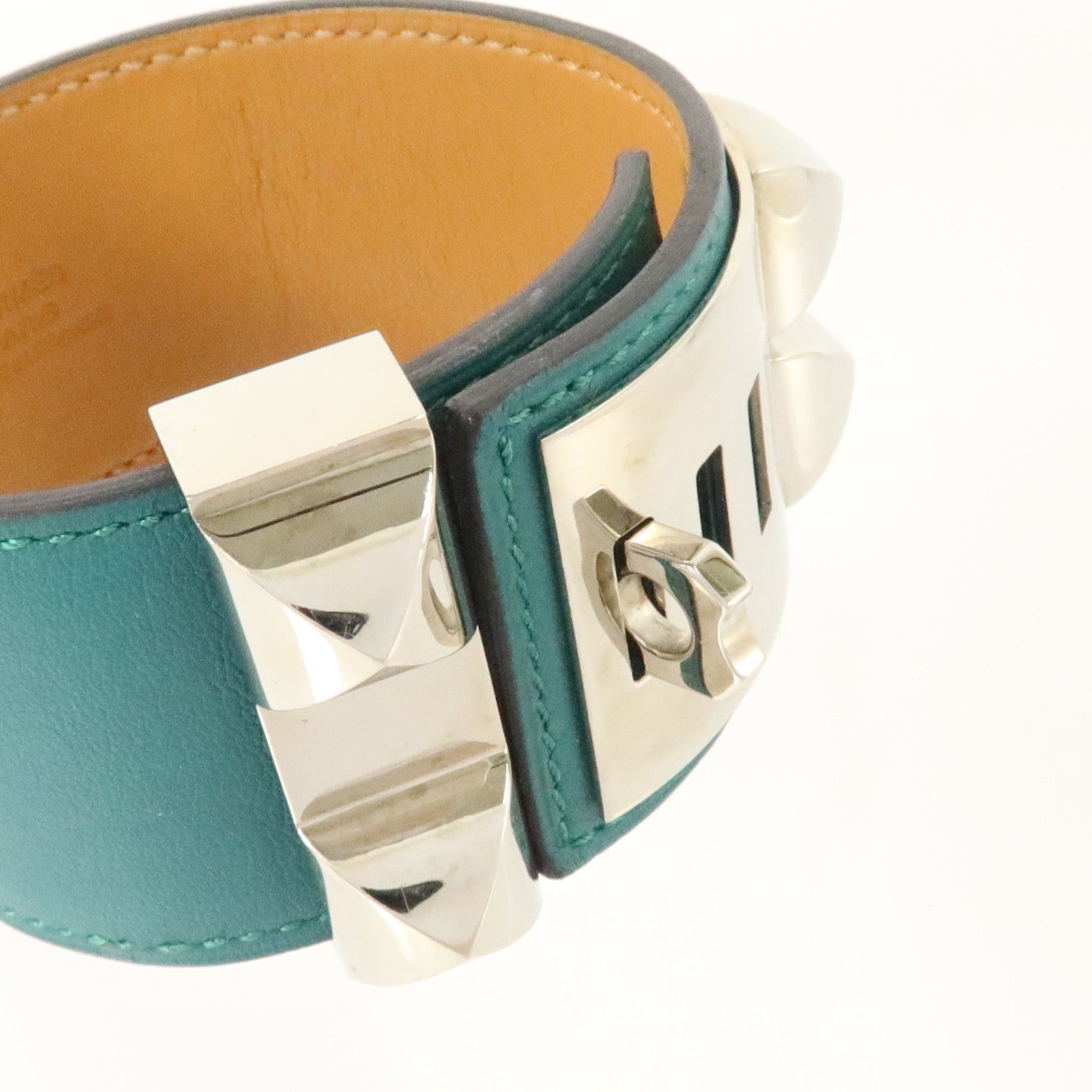 HERMES Swift皮革/金屬Collier De Chien銀扣手鏈Malachite