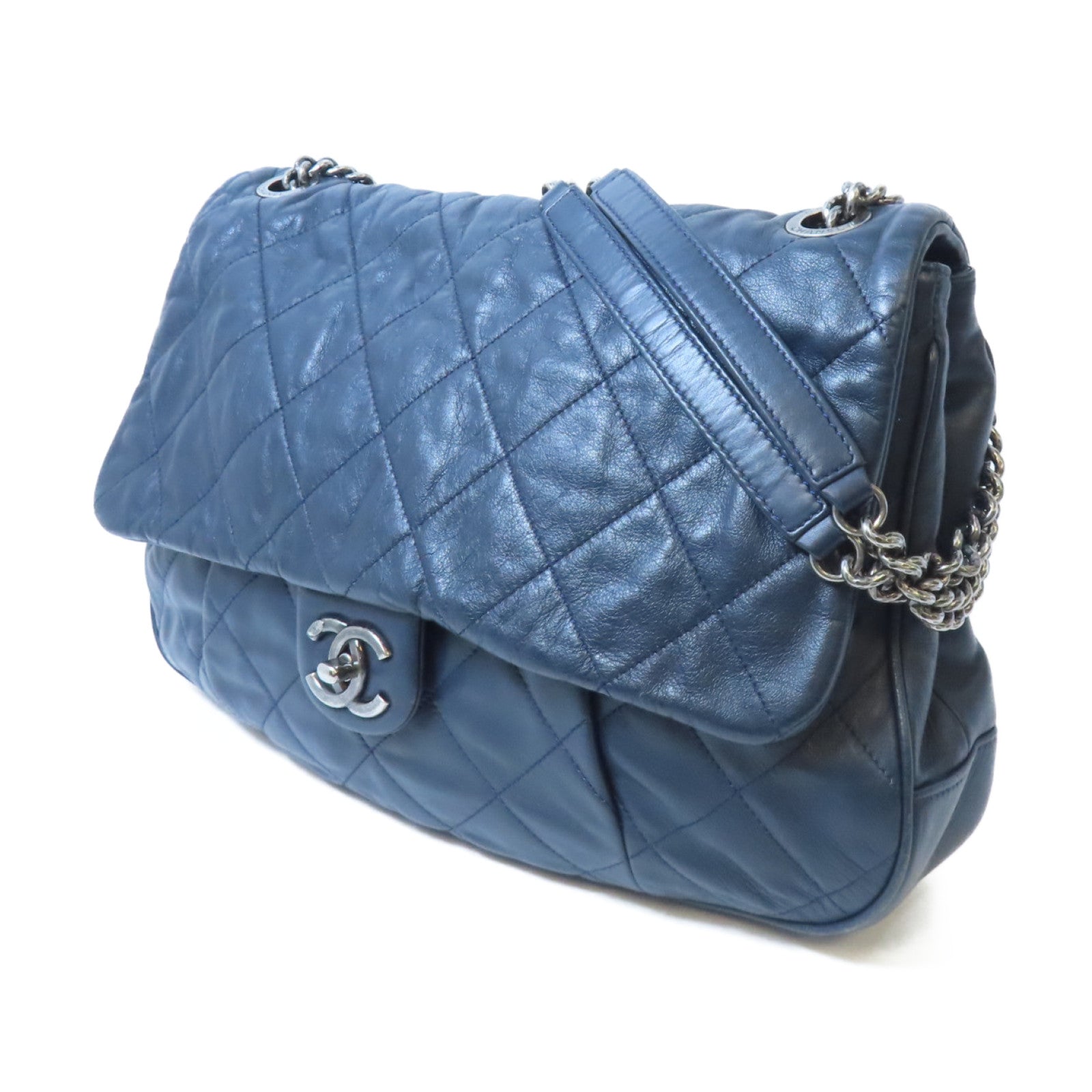 CHANEL 菱格牛皮皮革Chain Shoulder Bag銀扣鏈帶肩背袋深藍色