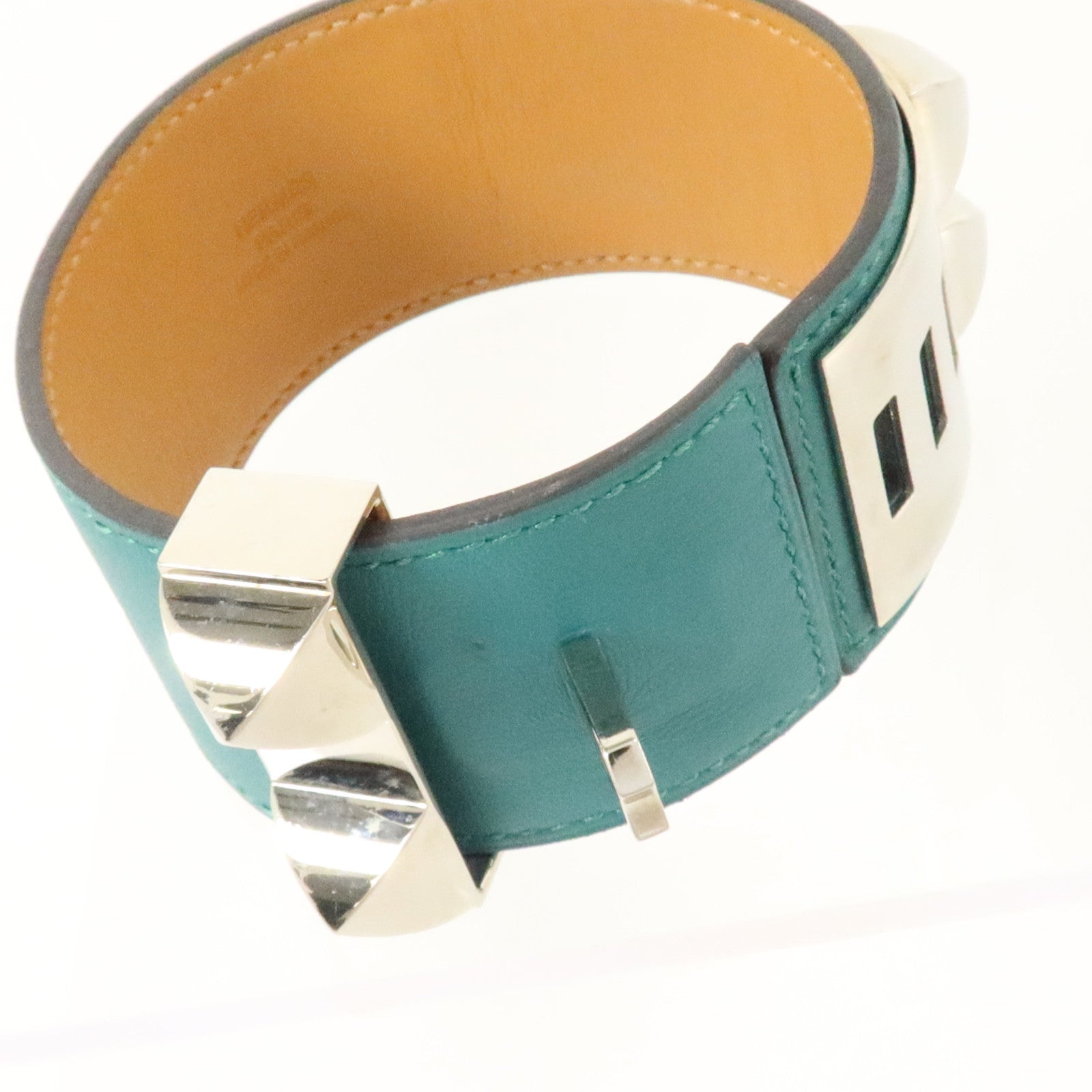 HERMES Swift皮革/金屬Collier De Chien銀扣手鏈Malachite
