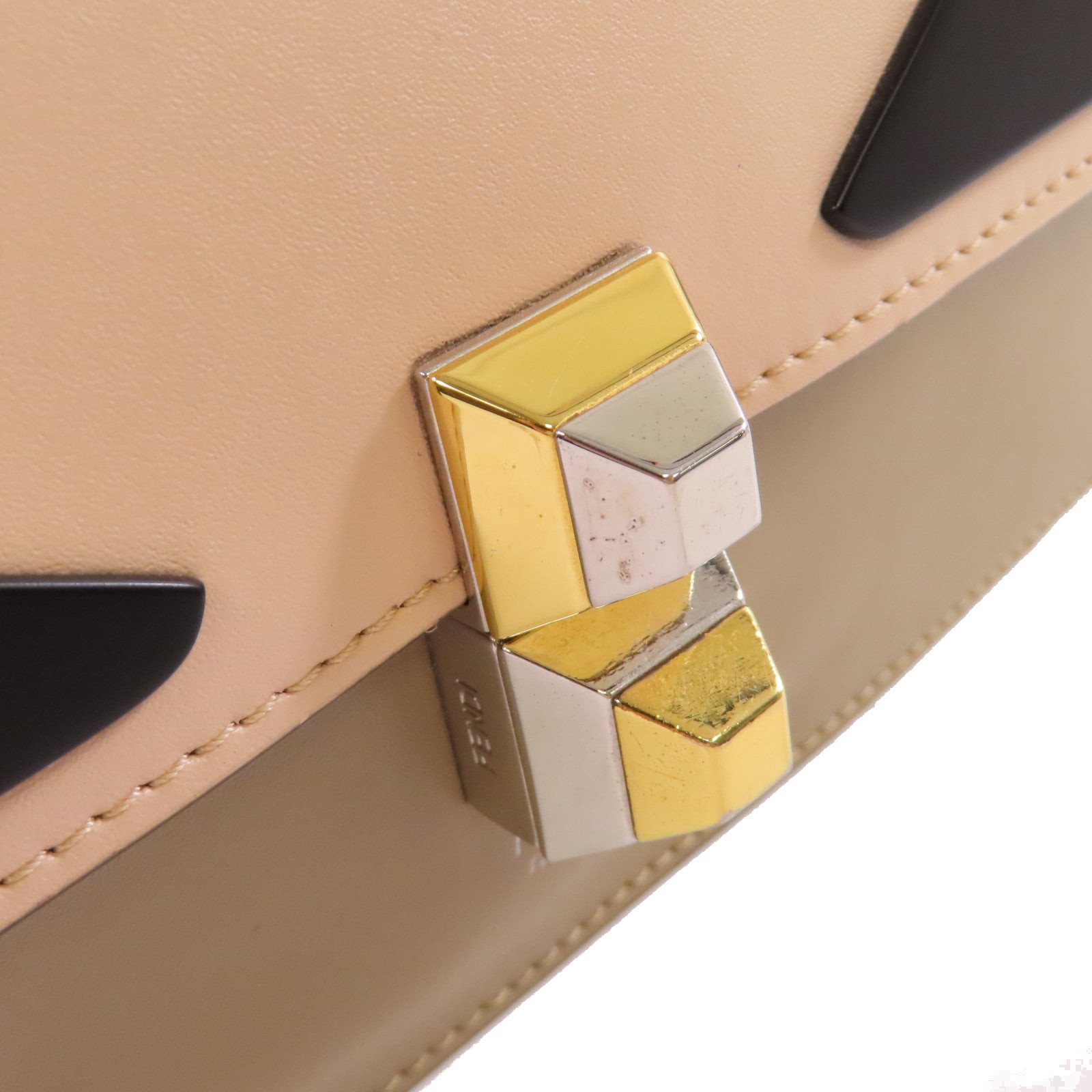 FENDI 【激減優惠】牛皮皮革Monster 2Way Shoulder Bag金扣手挽肩背兩用袋杏色/啡色