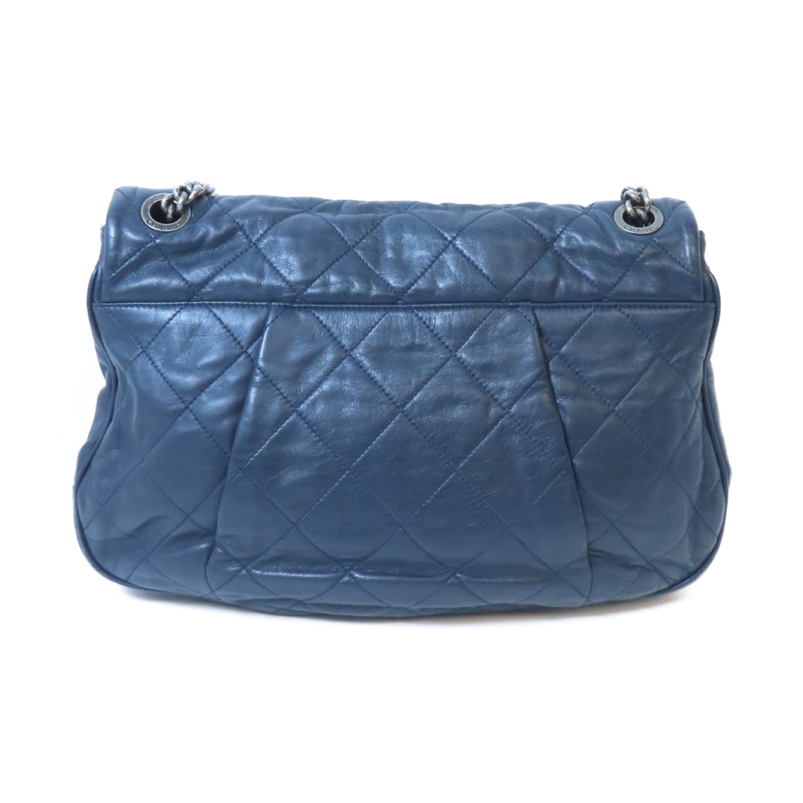 CHANEL 菱格牛皮皮革Chain Shoulder Bag銀扣鏈帶肩背袋深藍色