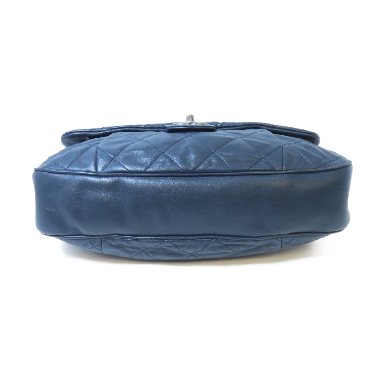 CHANEL 菱格牛皮皮革Chain Shoulder Bag銀扣鏈帶肩背袋深藍色