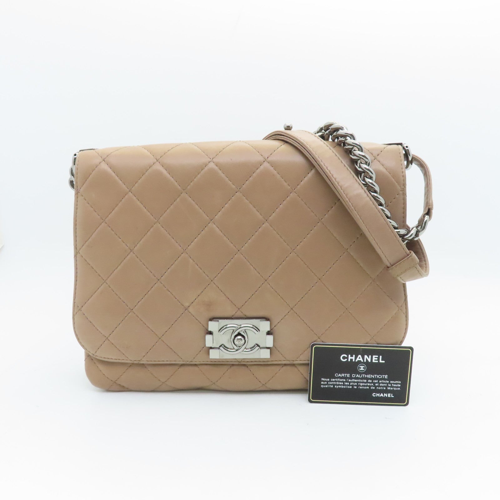 CHANEL rhombic sheepskin leather Chain Shoulder Bag silver buckle chain shoulder bag apricot color