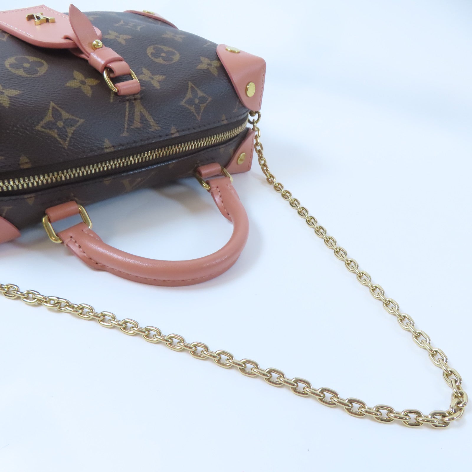 LOUIS VUITTON 【激減優惠】Monogram Petite Malle Souple金扣手挽肩背兩用袋啡色/粉紅色