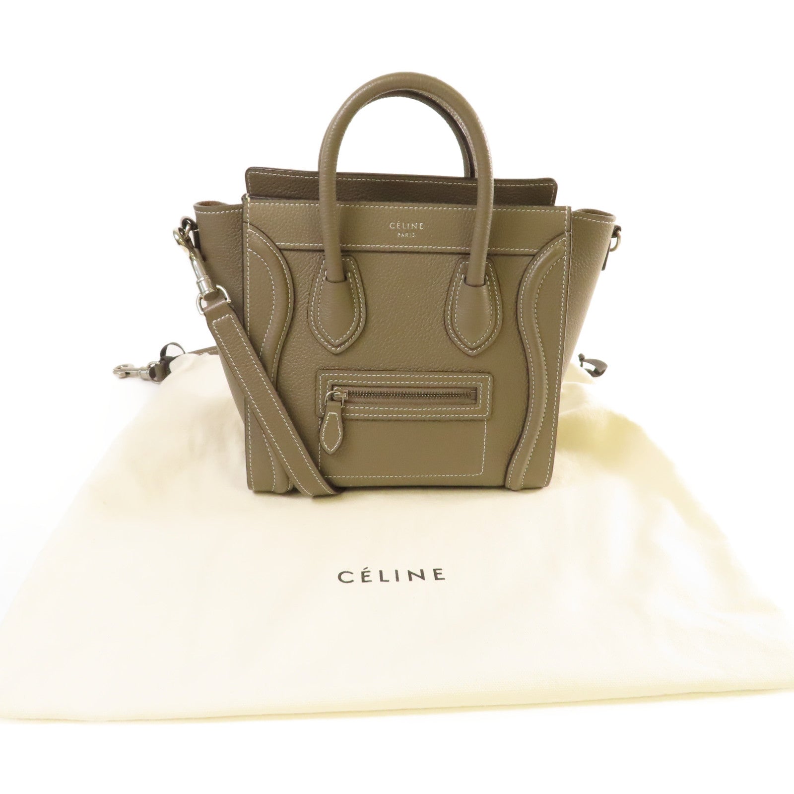 CELINE 【激減優惠】牛皮皮革Nano Luggage Shoulder Bag銀扣手挽肩背兩用袋灰色
