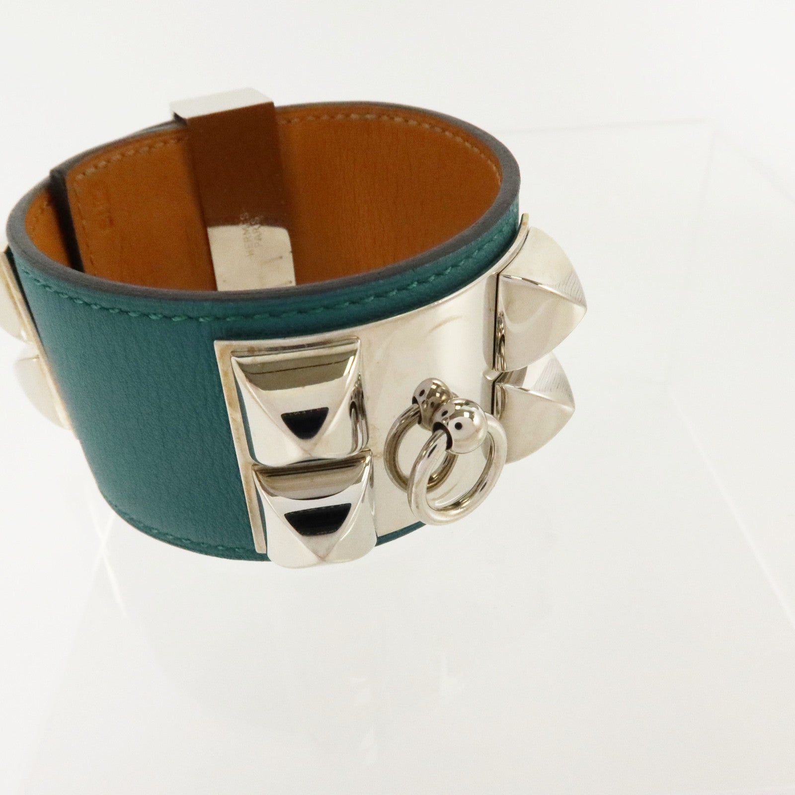 HERMES Swift皮革/金屬Collier De Chien銀扣手鏈Malachite