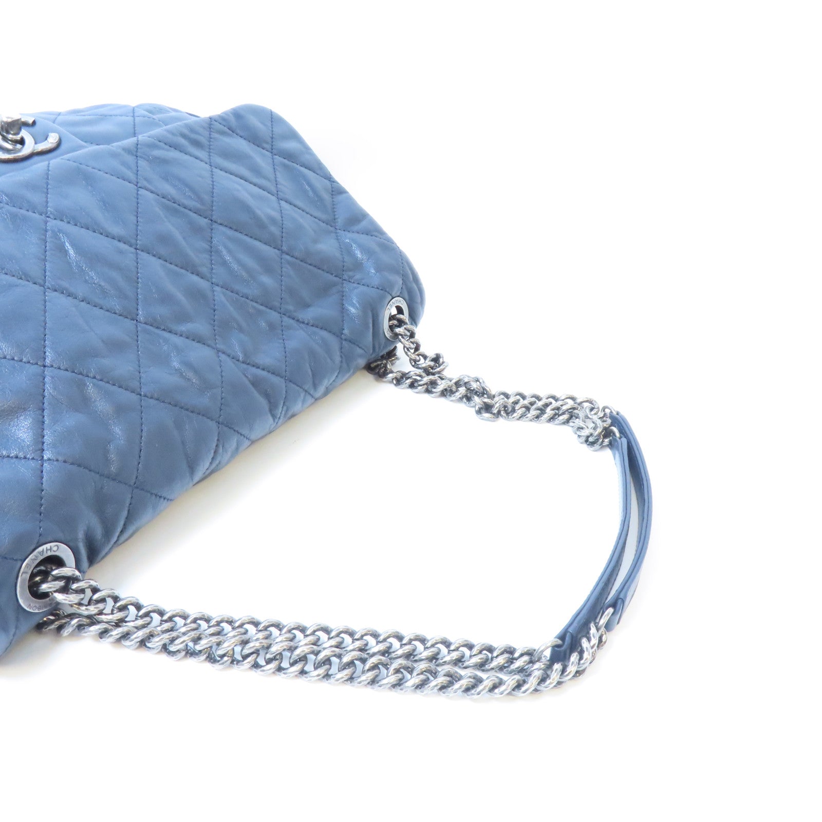 CHANEL 菱格牛皮皮革Chain Shoulder Bag銀扣鏈帶肩背袋深藍色
