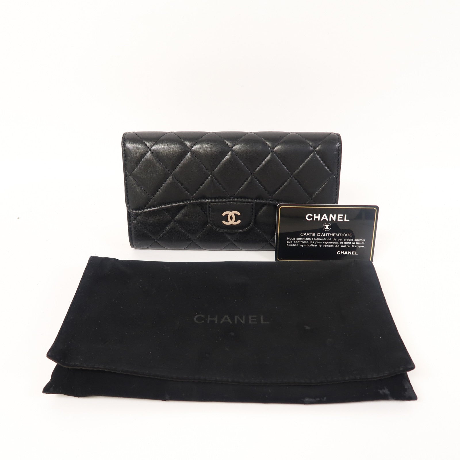 CHANEL 菱格羊皮皮革Long Wallet銀扣長錢包黑色