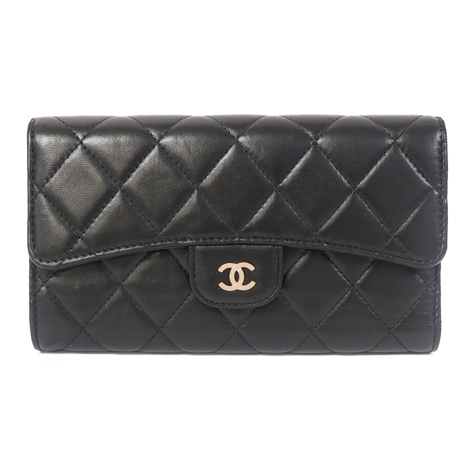 CHANEL 菱格羊皮皮革Long Wallet銀扣長錢包黑色