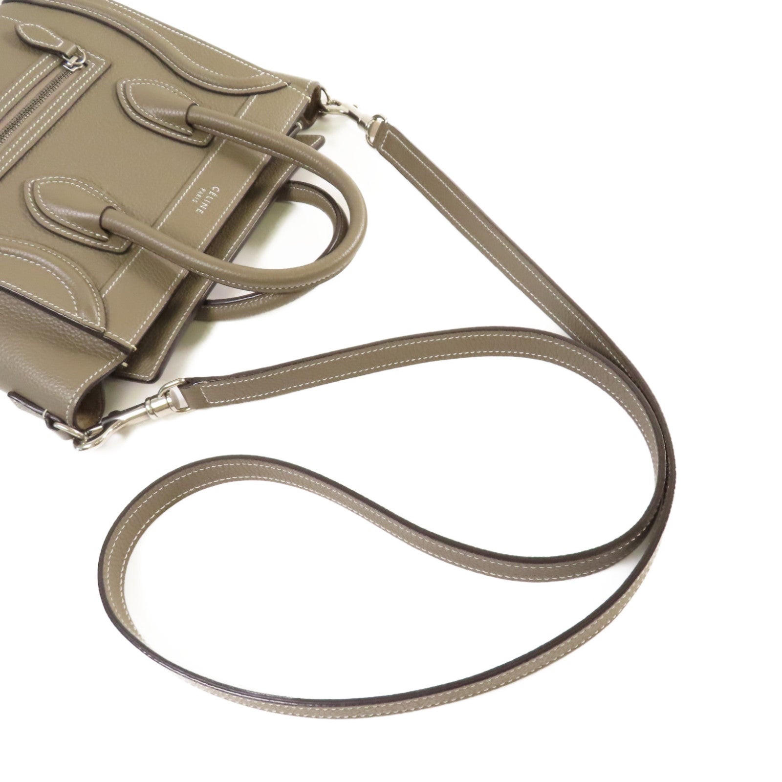 CELINE 【激減優惠】牛皮皮革Nano Luggage Shoulder Bag銀扣手挽肩背兩用袋灰色