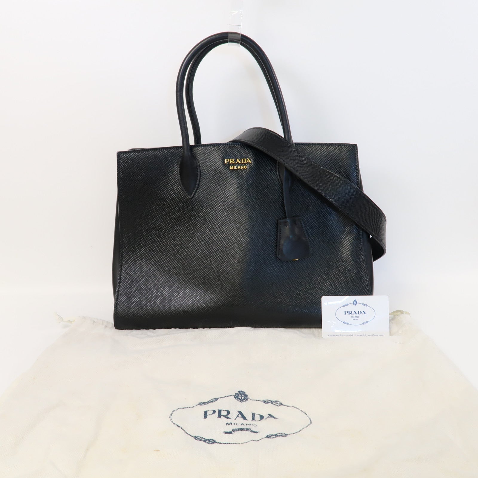 PRADA 牛皮皮革Shoulder Bag金扣手挽肩背兩用袋黑色