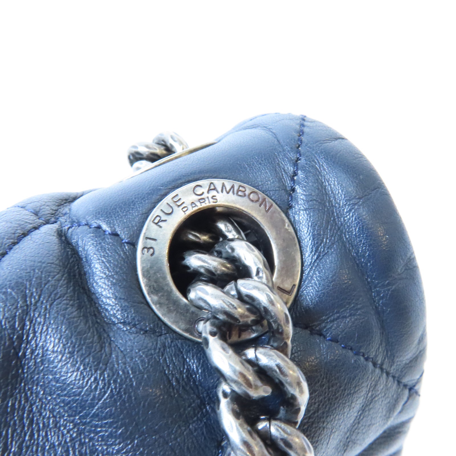 CHANEL 菱格牛皮皮革Chain Shoulder Bag銀扣鏈帶肩背袋深藍色