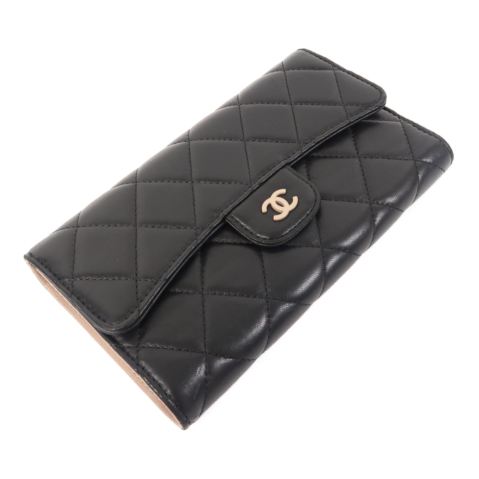 CHANEL 菱格羊皮皮革Long Wallet銀扣長錢包黑色