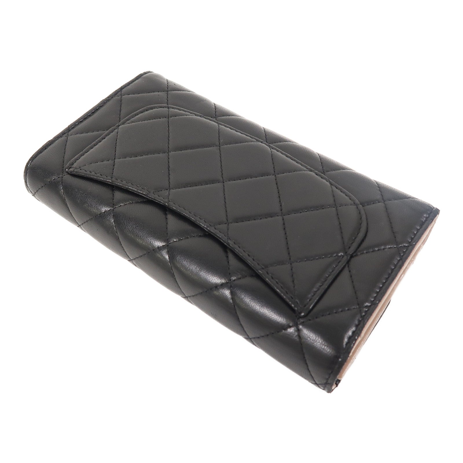 CHANEL 菱格羊皮皮革Long Wallet銀扣長錢包黑色