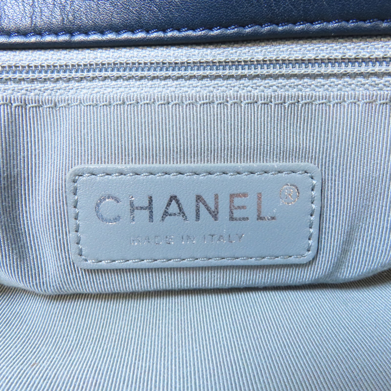 CHANEL 菱格牛皮皮革Chain Shoulder Bag銀扣鏈帶肩背袋深藍色