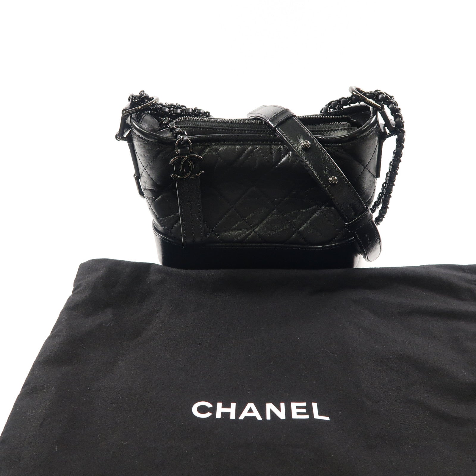 CHANEL 菱格牛皮皮革Gabrielle Small黑扣鏈帶肩背袋黑色