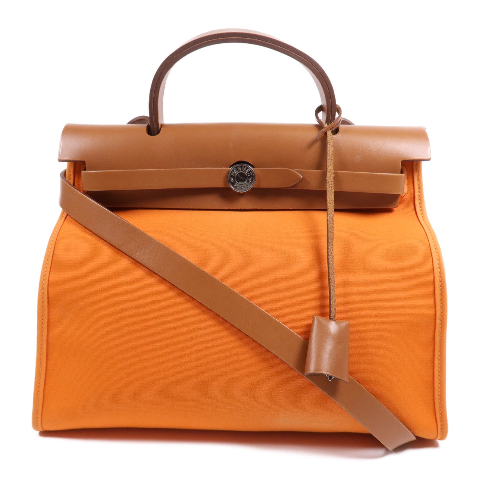 HERMES 帆布Herbag PM銀扣手挽肩背兩用袋Feu