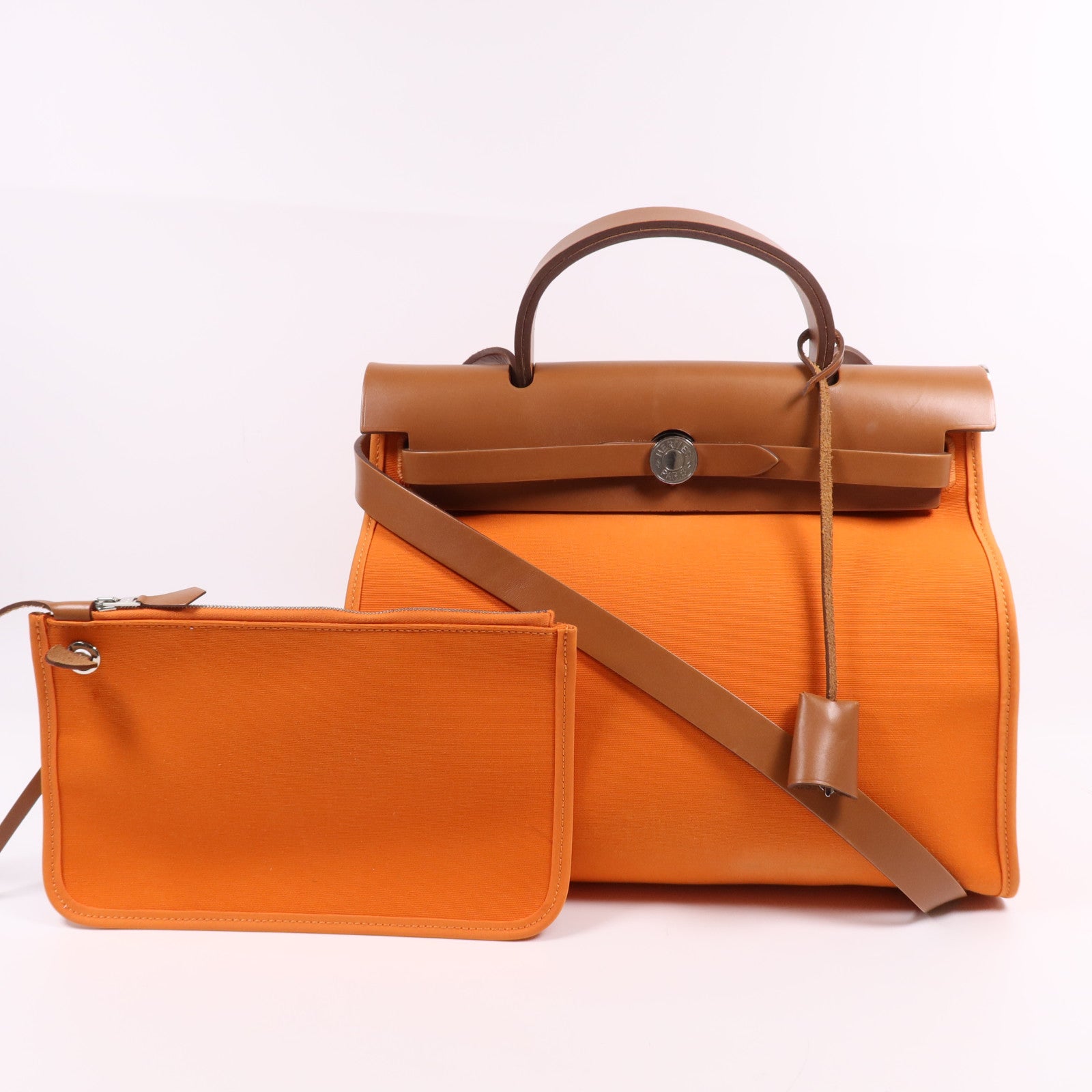 HERMES 帆布Herbag PM銀扣手挽肩背兩用袋Feu