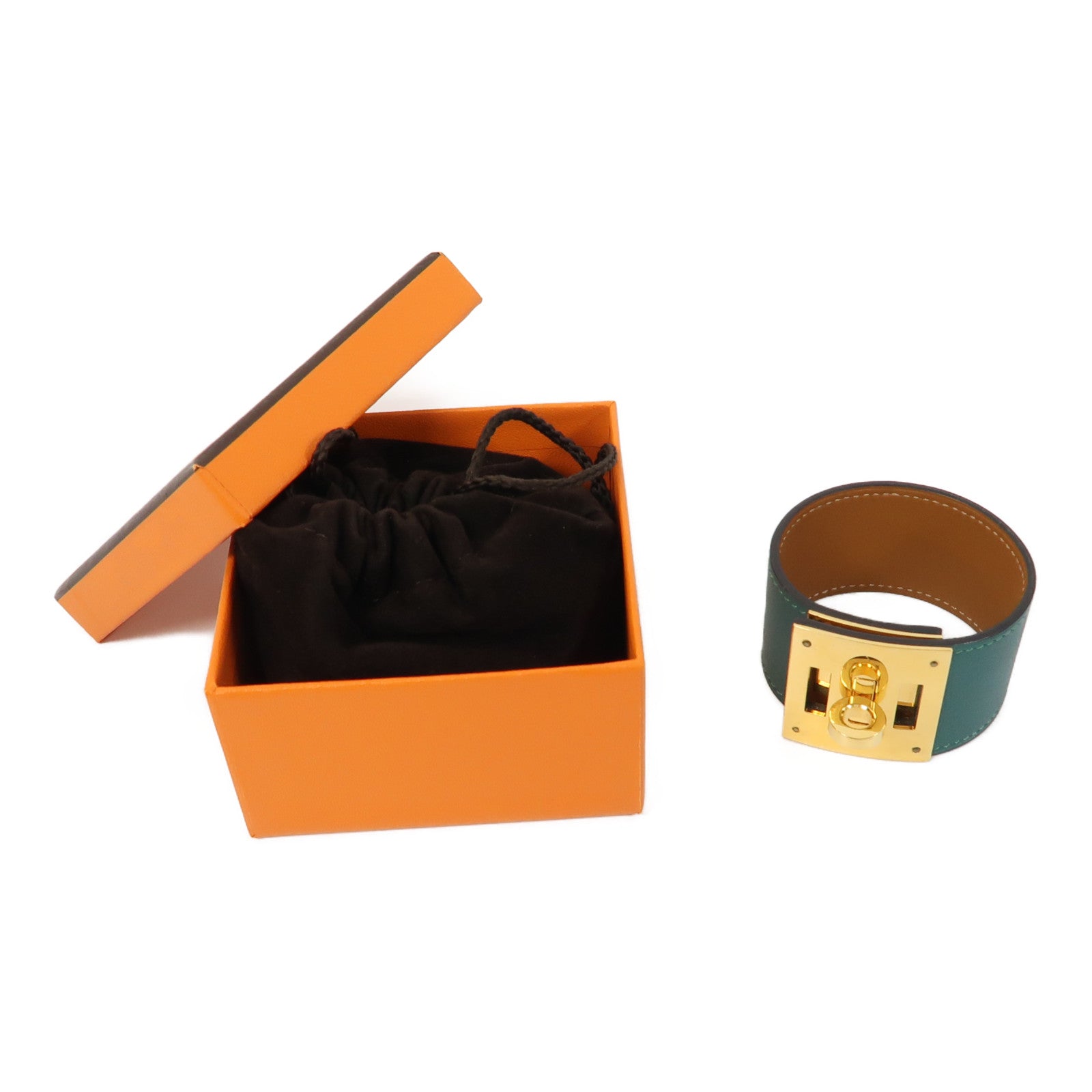 HERMES 【激減優惠】皮革Kelly Dog Bracelet金扣手鐲綠色