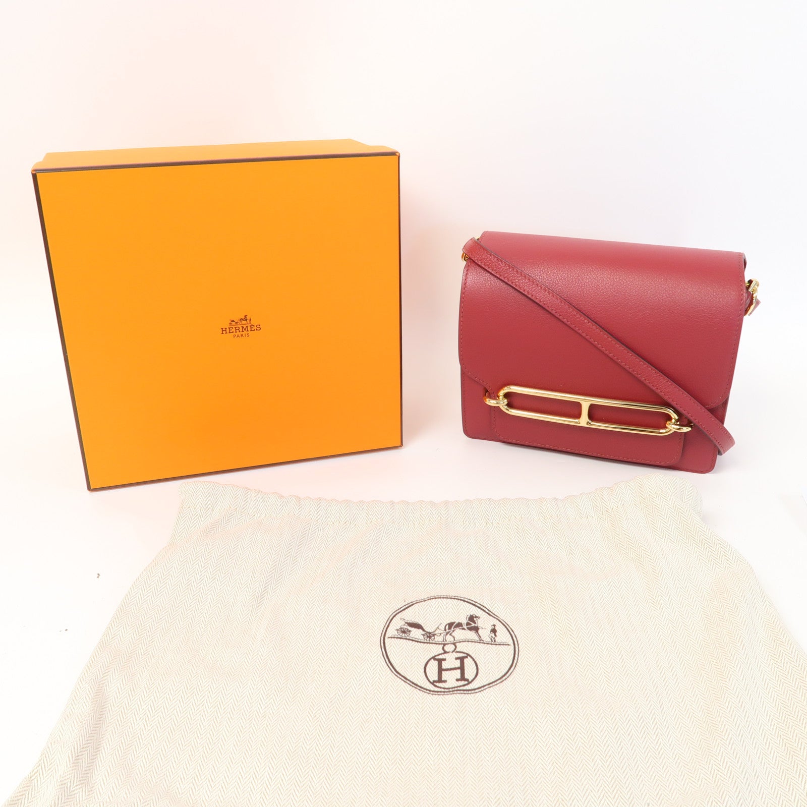 HERMES Evercolor皮革Mini Roulis金扣肩背袋Rouge Grenade/石榴紅色