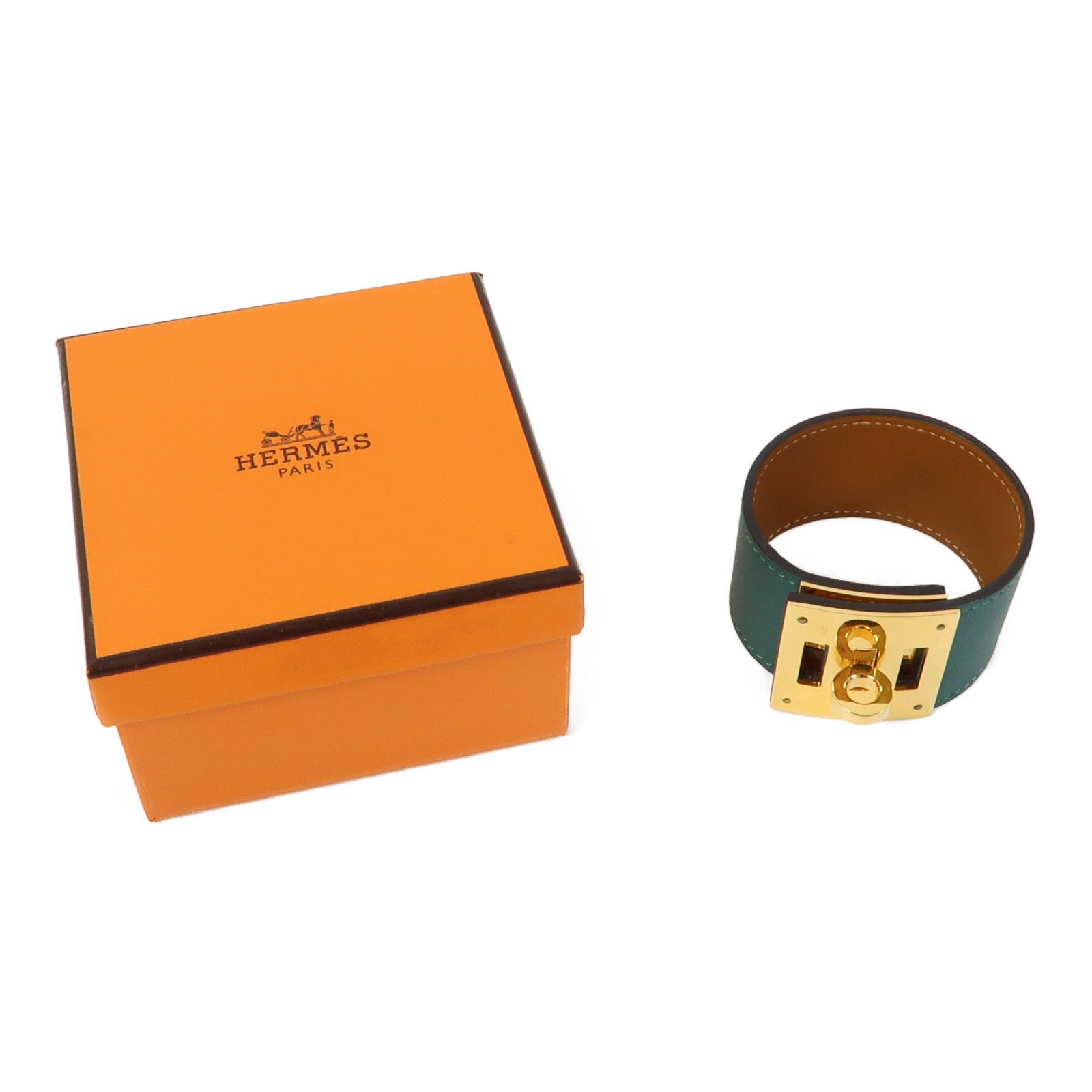 HERMES 【激減優惠】皮革Kelly Dog Bracelet金扣手鐲綠色