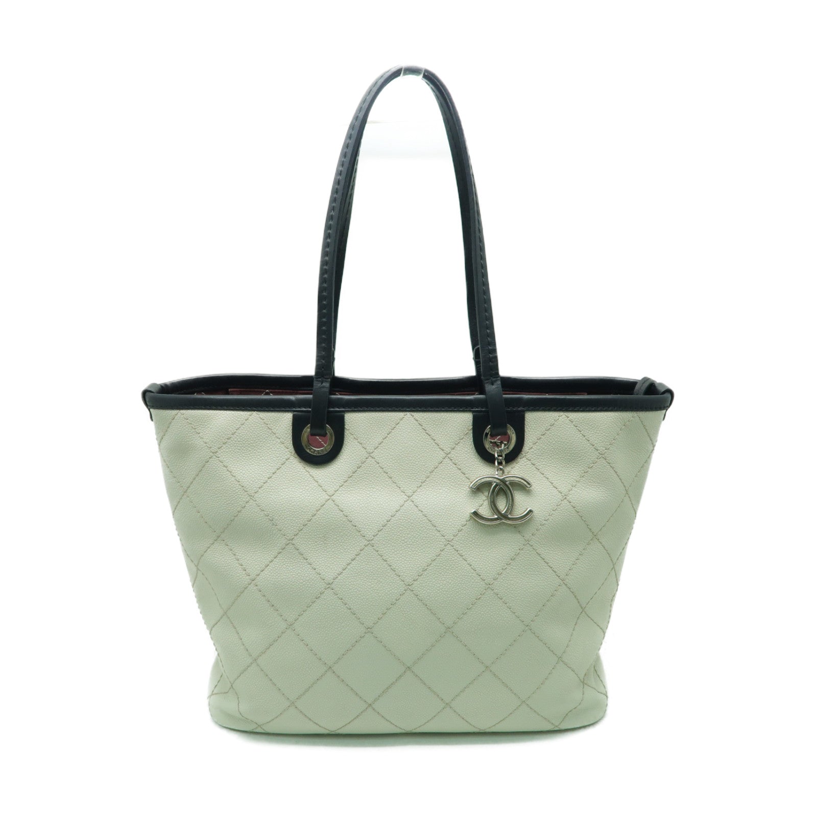 CHANEL 【激減優惠】菱格Caviar皮革Tote Bag銀扣手挽袋白色/黑色