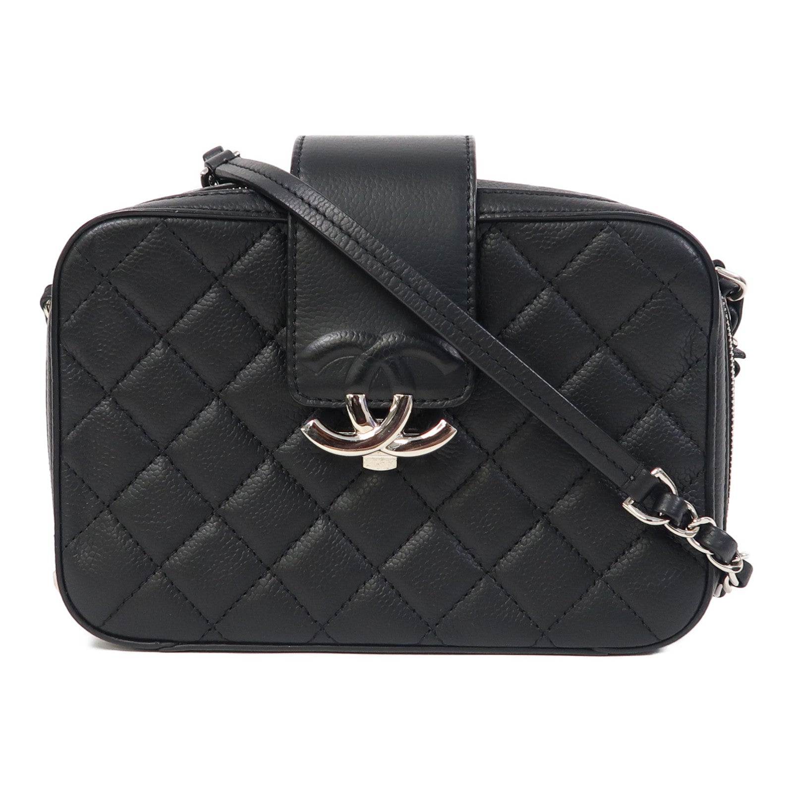CHANEL 菱格Caviar皮革Chain Shoulder銀扣鏈帶肩背袋黑色