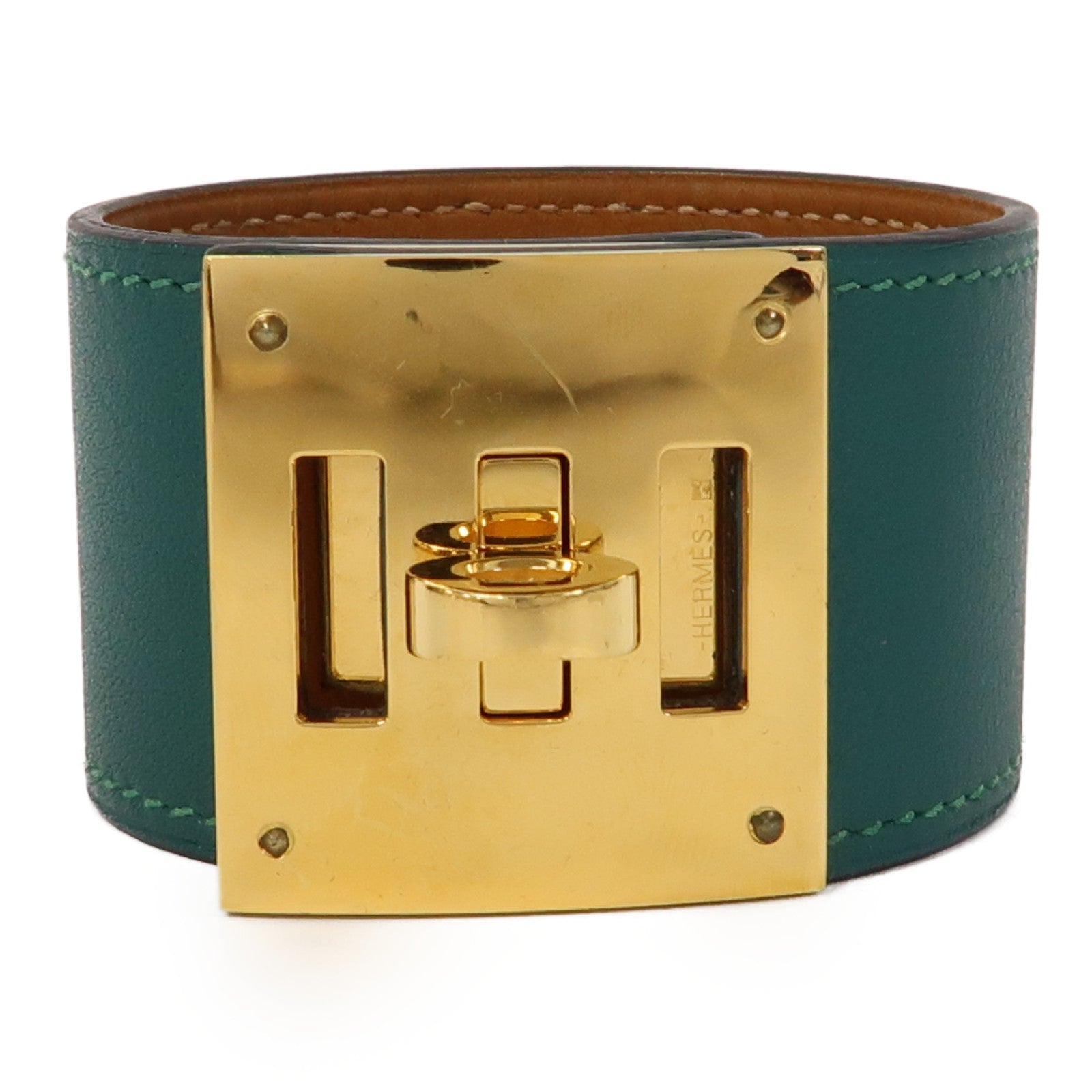 HERMES 【激減優惠】皮革Kelly Dog Bracelet金扣手鐲綠色
