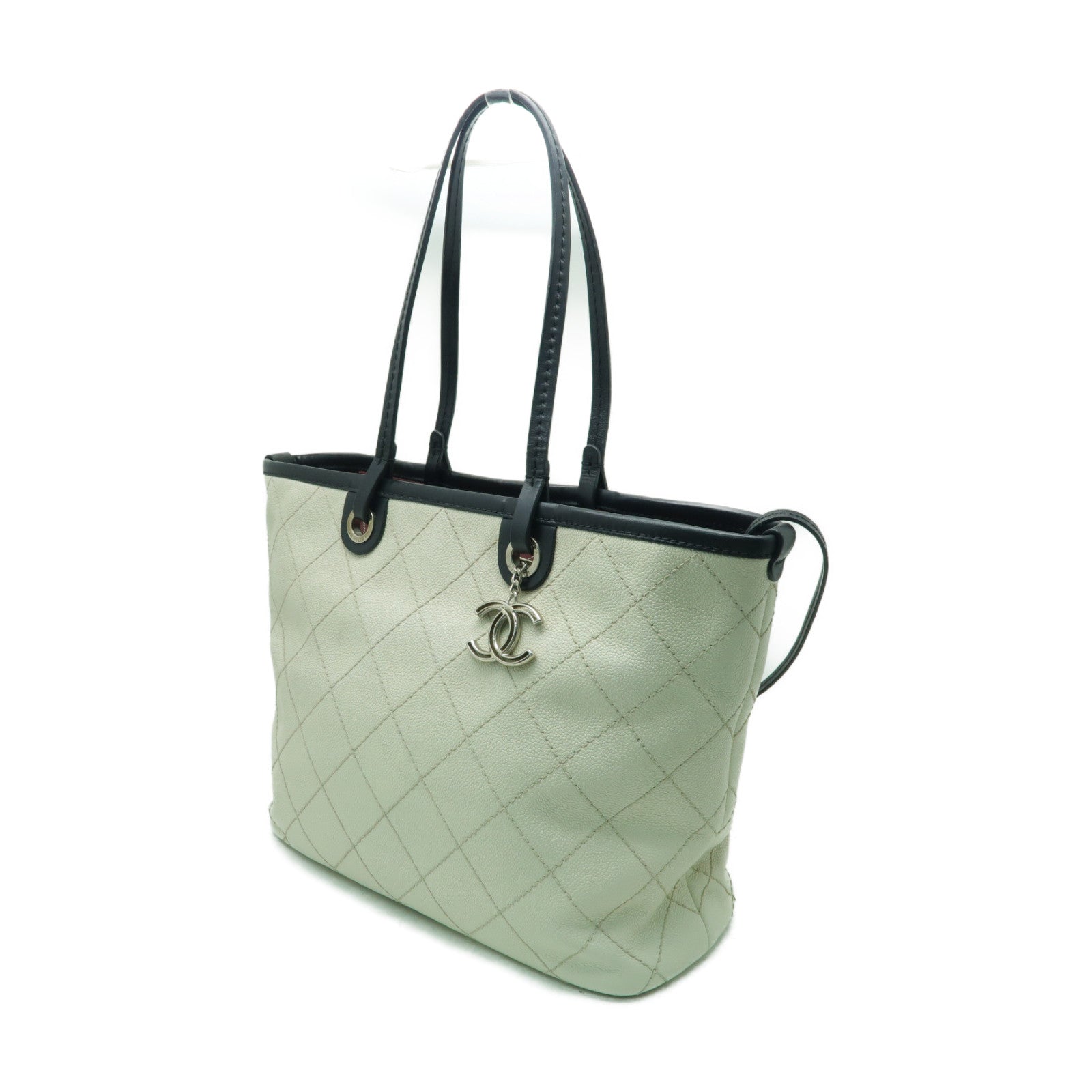 CHANEL 【激減優惠】菱格Caviar皮革Tote Bag銀扣手挽袋白色/黑色
