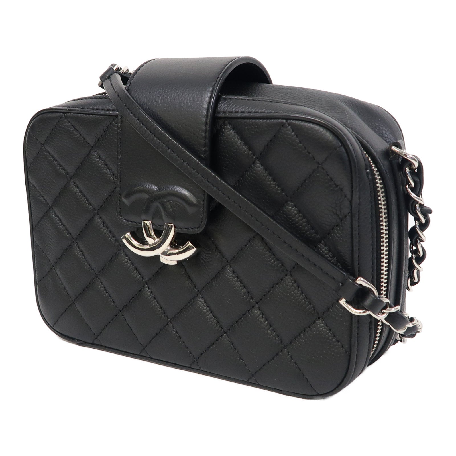 CHANEL 菱格Caviar皮革Chain Shoulder銀扣鏈帶肩背袋黑色