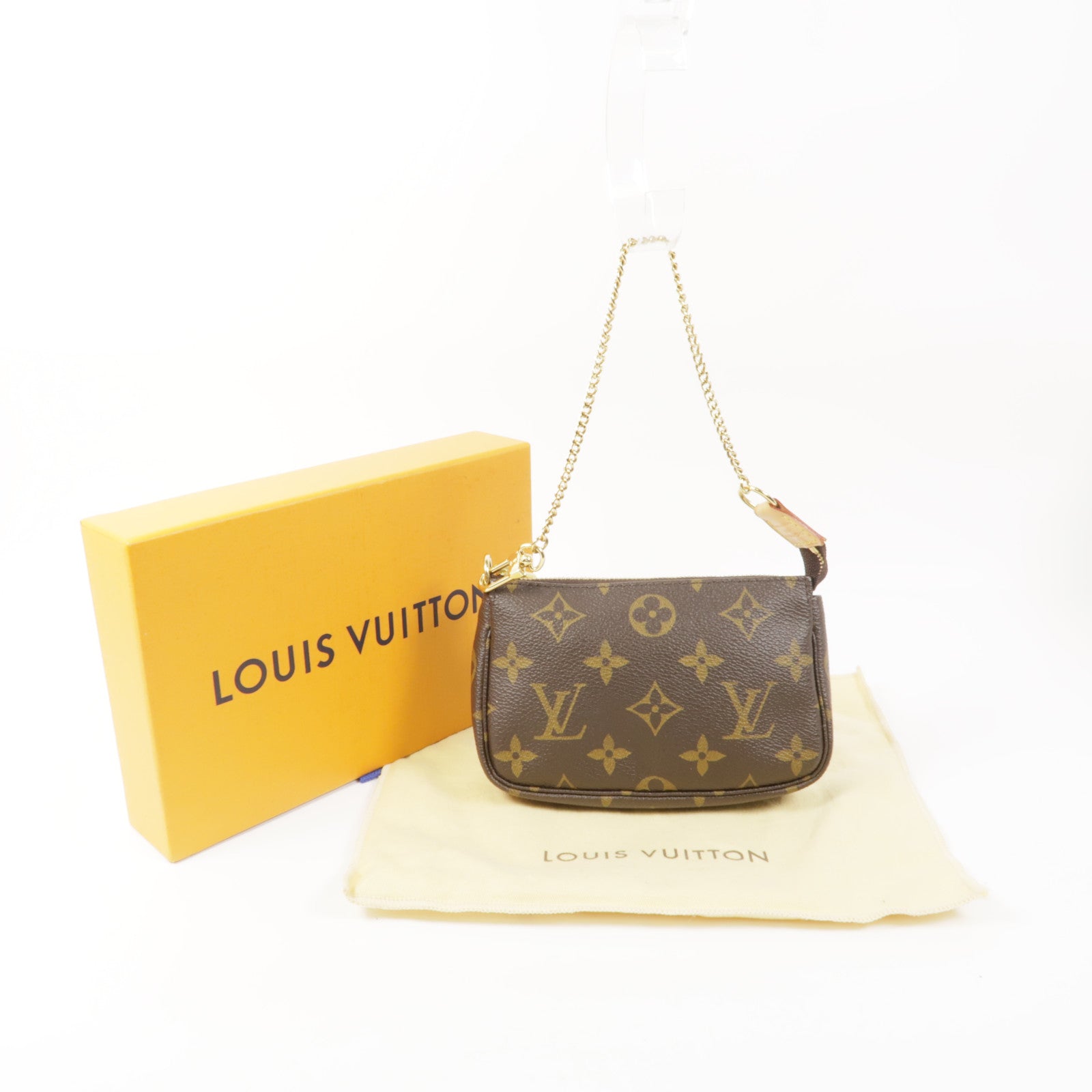LOUIS VUITTON Monogram Mini Pochette Accessoires金扣手挽袋棕色