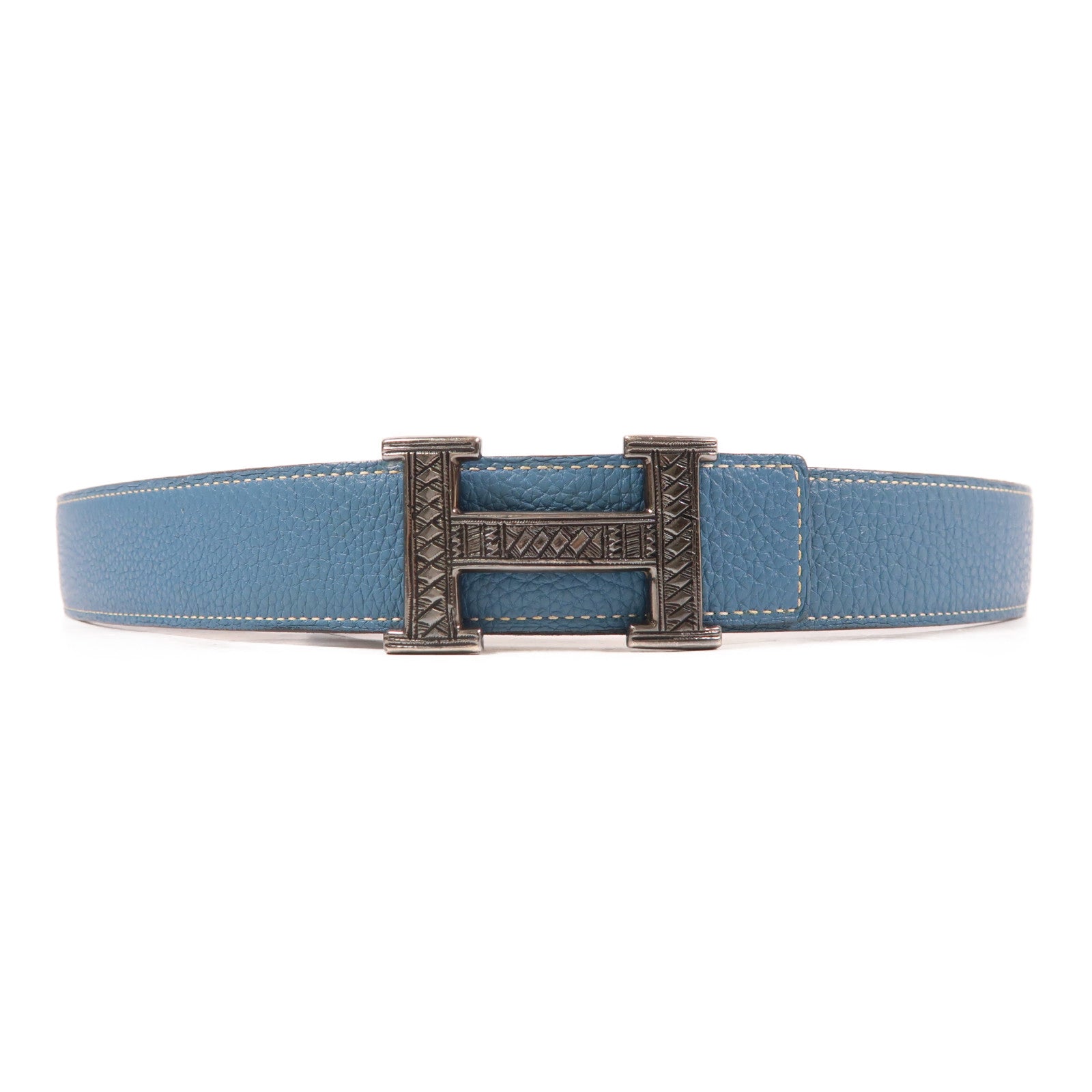 HERMES Clemence皮革Constance Belt銀扣皮帶Bleu Jean藍色