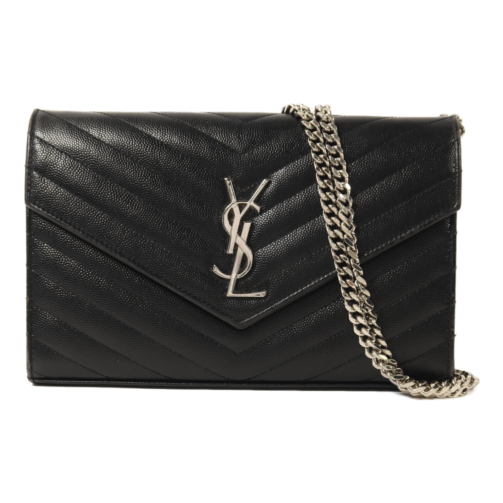 YVES SAINT LAURENT 牛皮皮革Shoulder Bag銀扣鏈帶肩背袋