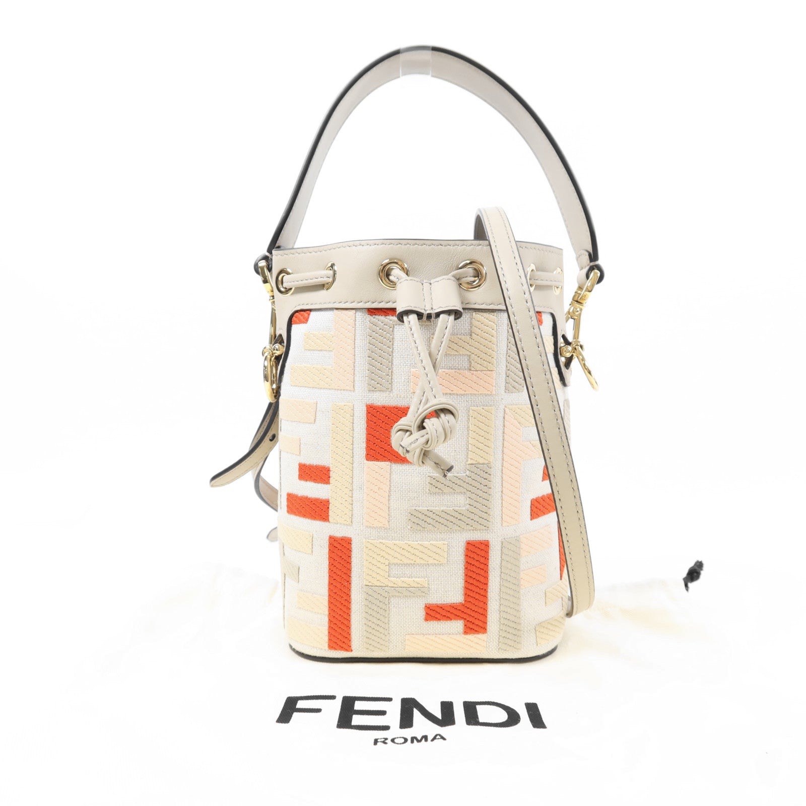 FENDI GHW Mini Mon Tresor 2 Way Shoulder Handbag Canvas/Calfskin Grey/Beige/Pink